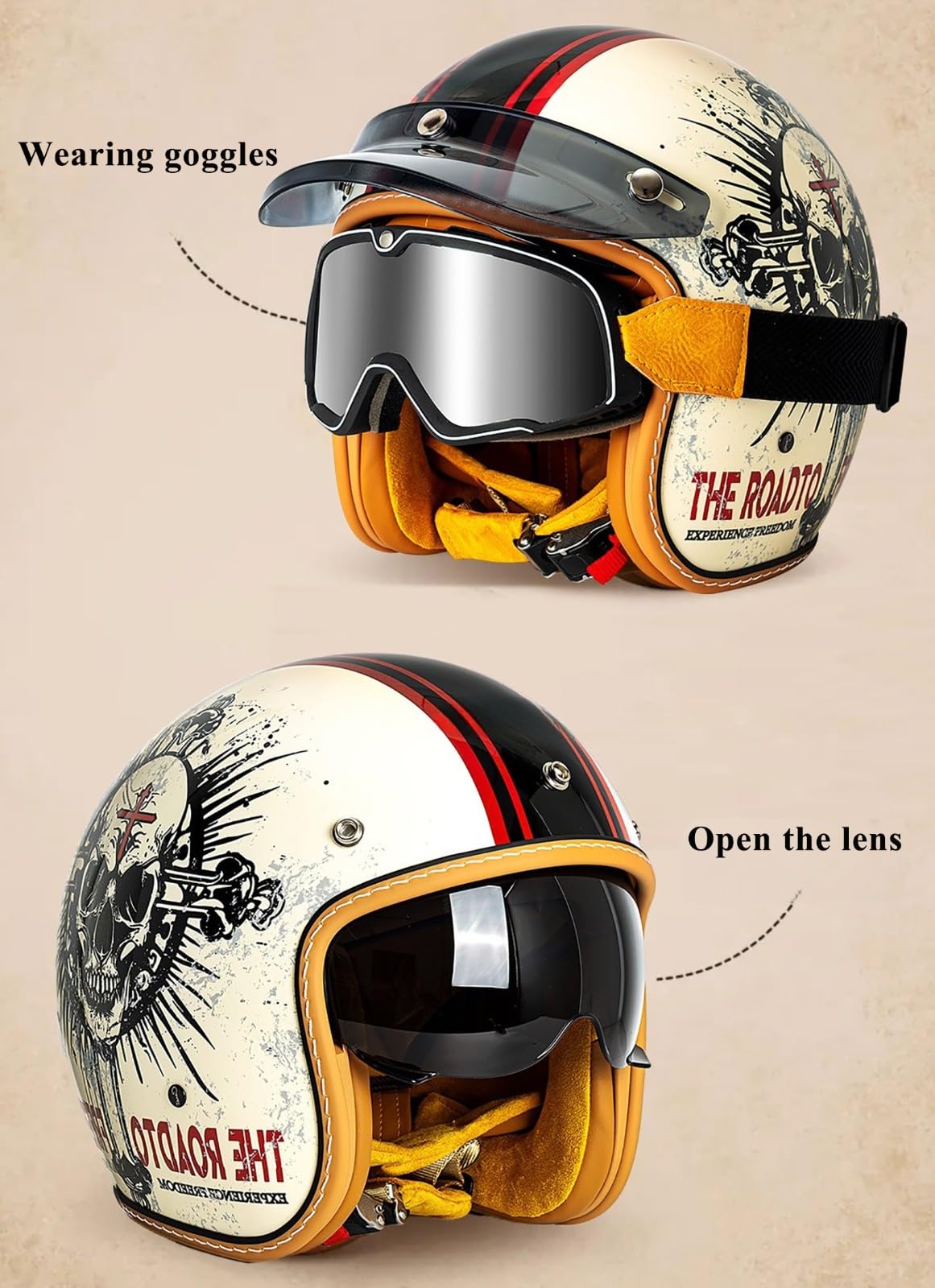 Kask motocyklowy w stylu vintage, otwarty kask motocyklowy z wizjerem, kask na skuter, cruiser, motorower, homologację ECE 22.05.