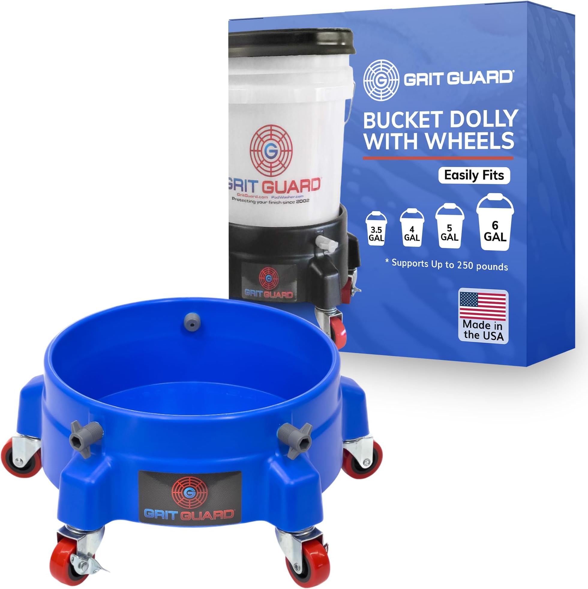 Bucket Dolly with Wheels - Rolling Detailing Wash Bucket with 5 Wheels and 2 Locking Casters Compatible with 2.5, 4, 5 and 6 Gallon Buckets (Blue, 2" Red Casters)