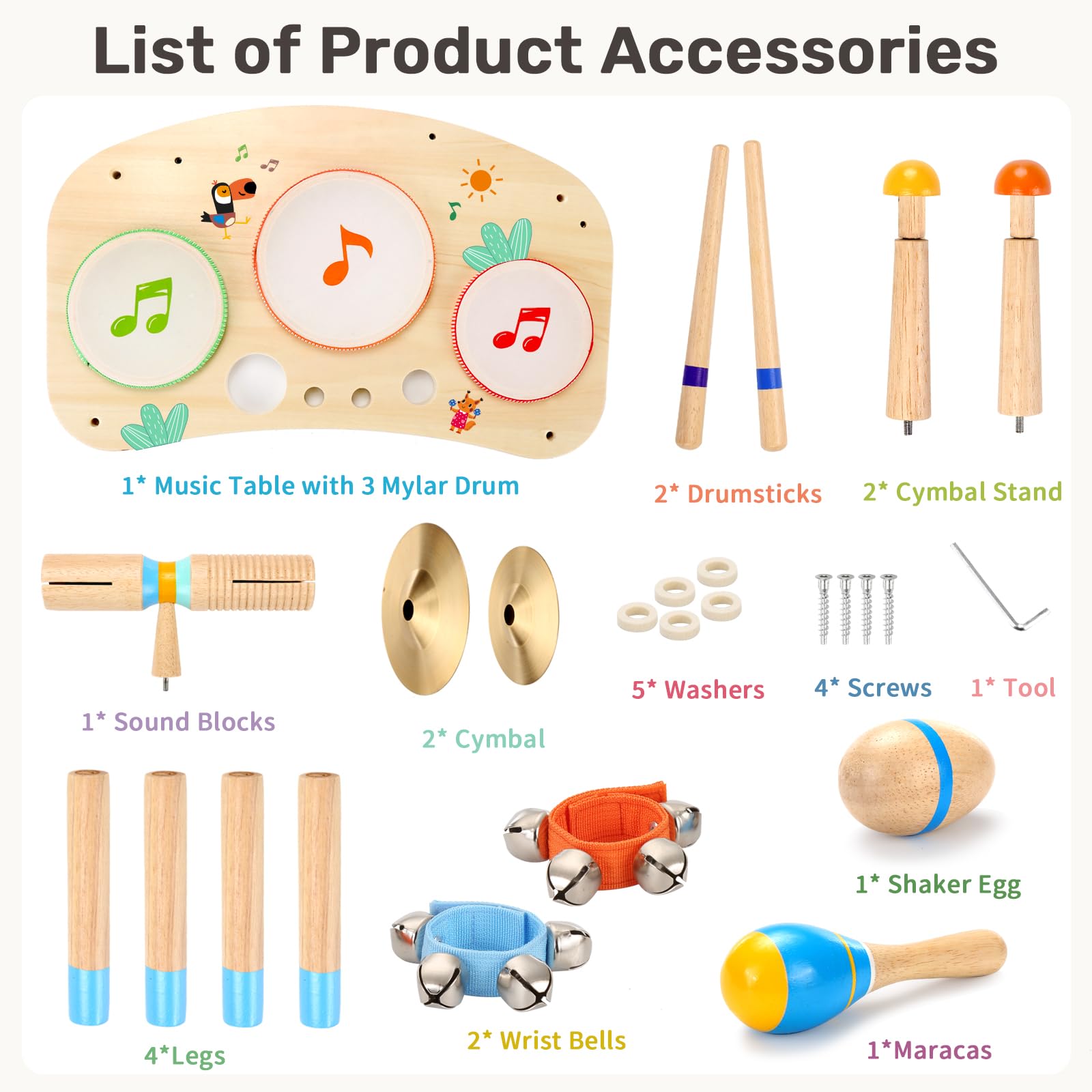 WINGYZ 11 in 1-Schlagzeug für Kinder ab 1 Jahr Musikinstrumenten-Set aus Holz, Baby-Schlagzeug mit Handgelenksglocken für Kleinkinder Geschenke zum 1. Geburtstag für Jungen und Mädchen Musikspielzeug