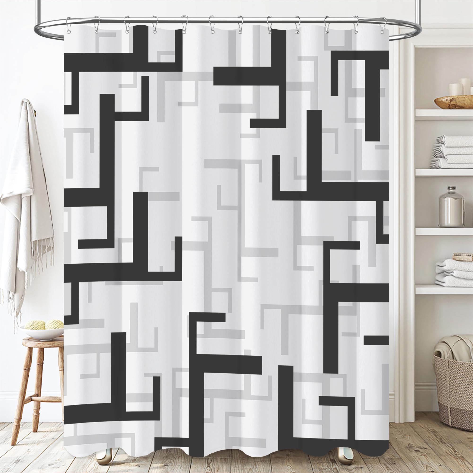 BTTN Black and White Shower Curtain, Geometric Fabric Shower Curtain Set with 12 Plastic Hooks, Water Repellent, Machine Washable, Abstract Modern
