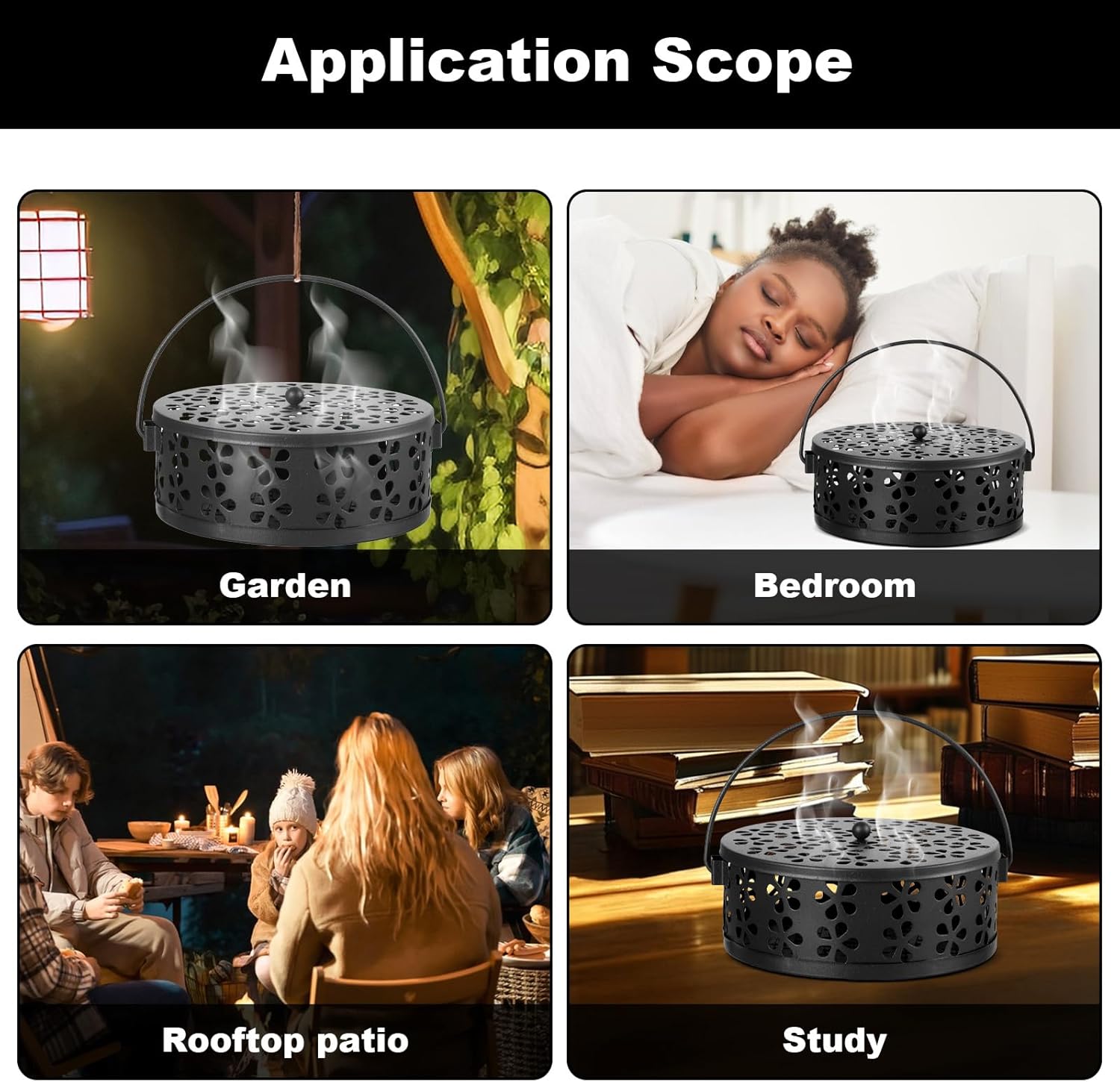 4-Pack Mosquito Coil Holder, Long-Lasting Portable Hanging Outdoor Incense Burner with Handle, Round Metal Fireproof Incense Holder for Home, Camping, and Indoor/Outdoor Patio (Black)