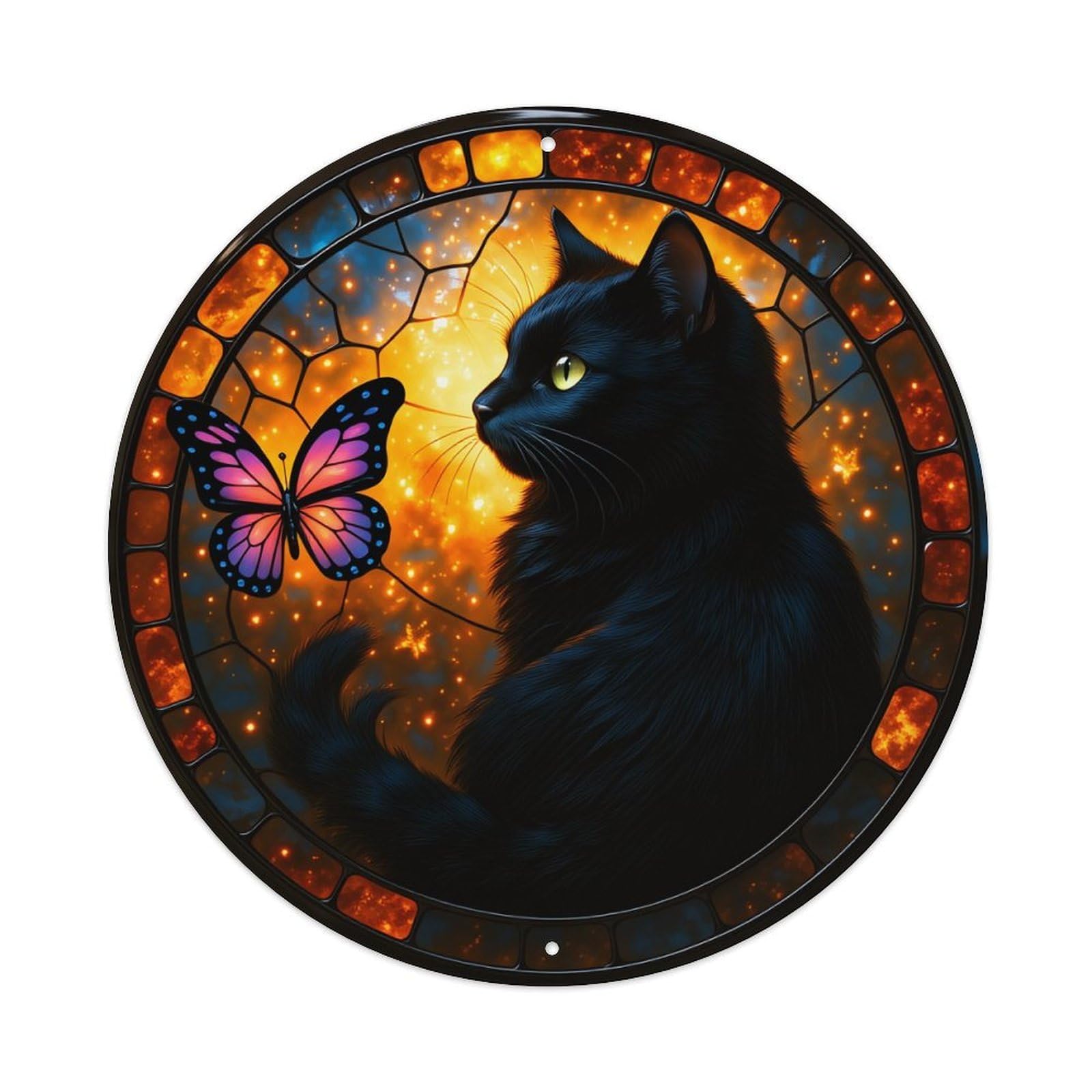 Black Cat Butterfly Stained Glass Pattern Round Tin Sign Vintage Metal Poster, Home Bar Garage Man Cave Cafe Indoor & Outdoor Wall Decoration 8x8Inches