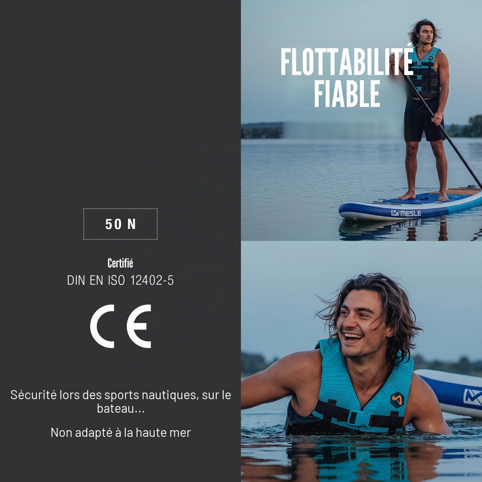 Mesle Gilet de Flottaison Adulte H210 50N Tailles 2XS - 4XL pour Sup, Kayak, Wakeboard