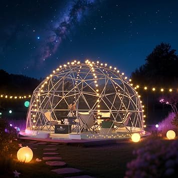 Upgraded 12FT Garden Dome Tent, Outdoor Clear Bubble Tent for 610 People, Geodesic Dome Greenhouse with Waterproof PVC Clear Cover, LED Lights, Window for Backyard Patio Camping Party