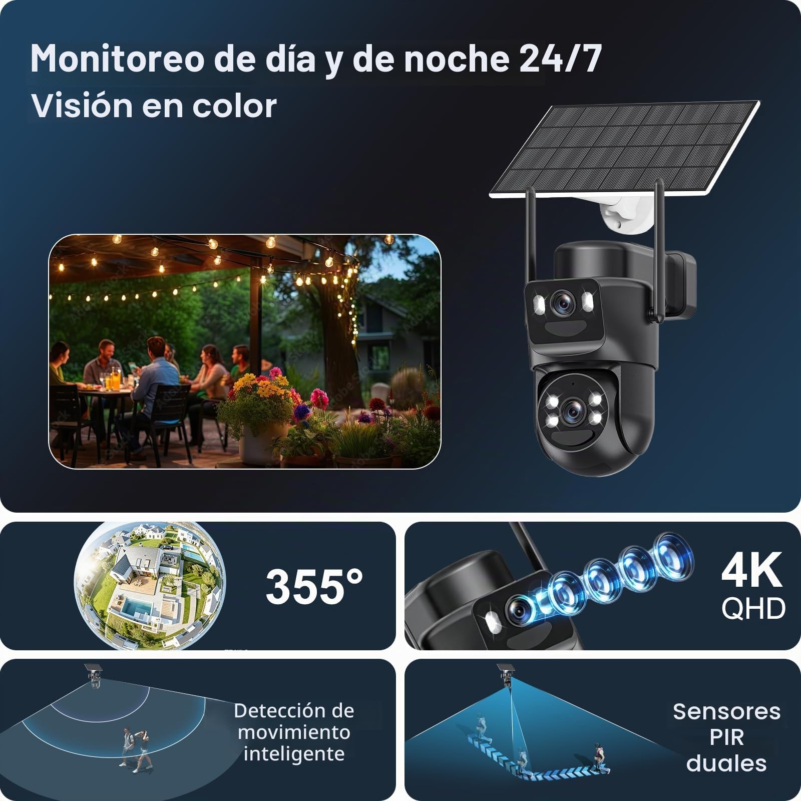 4K Cámara Vigilancia WiFi Exterior Solar con Doble Lente,Panel Solar 6W,360° PTZ,Detección Humana PIR,Audio Bidireccional,Visión Nocturna en Color,2.4G/5GHz,IP66