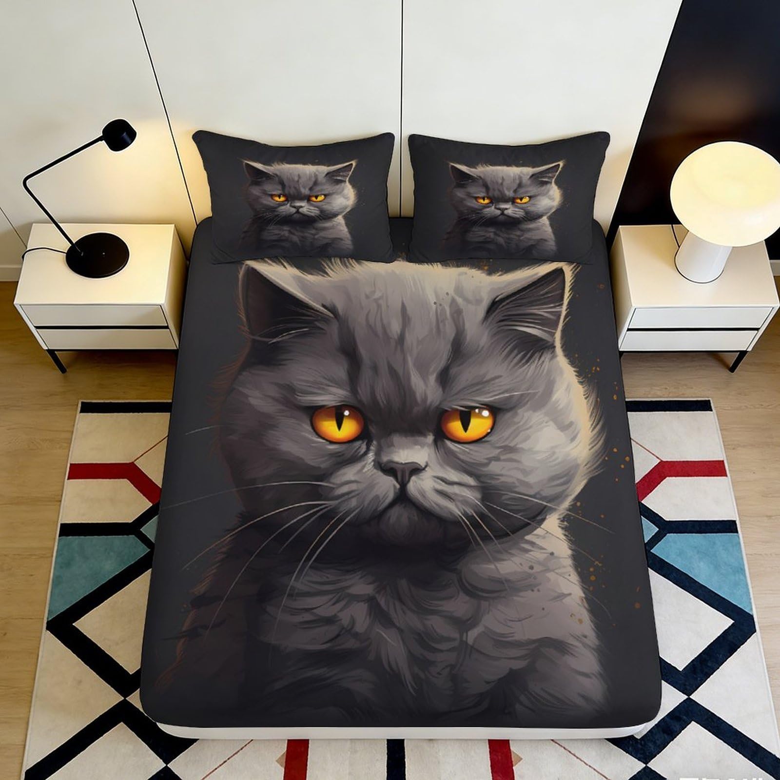 3D Printed Angry Grey Cat Fitted Sheet Microfiber Soft Breathable Cartoon Bed Cover Bedroom Decor Mattress Protection 90x200x25cm