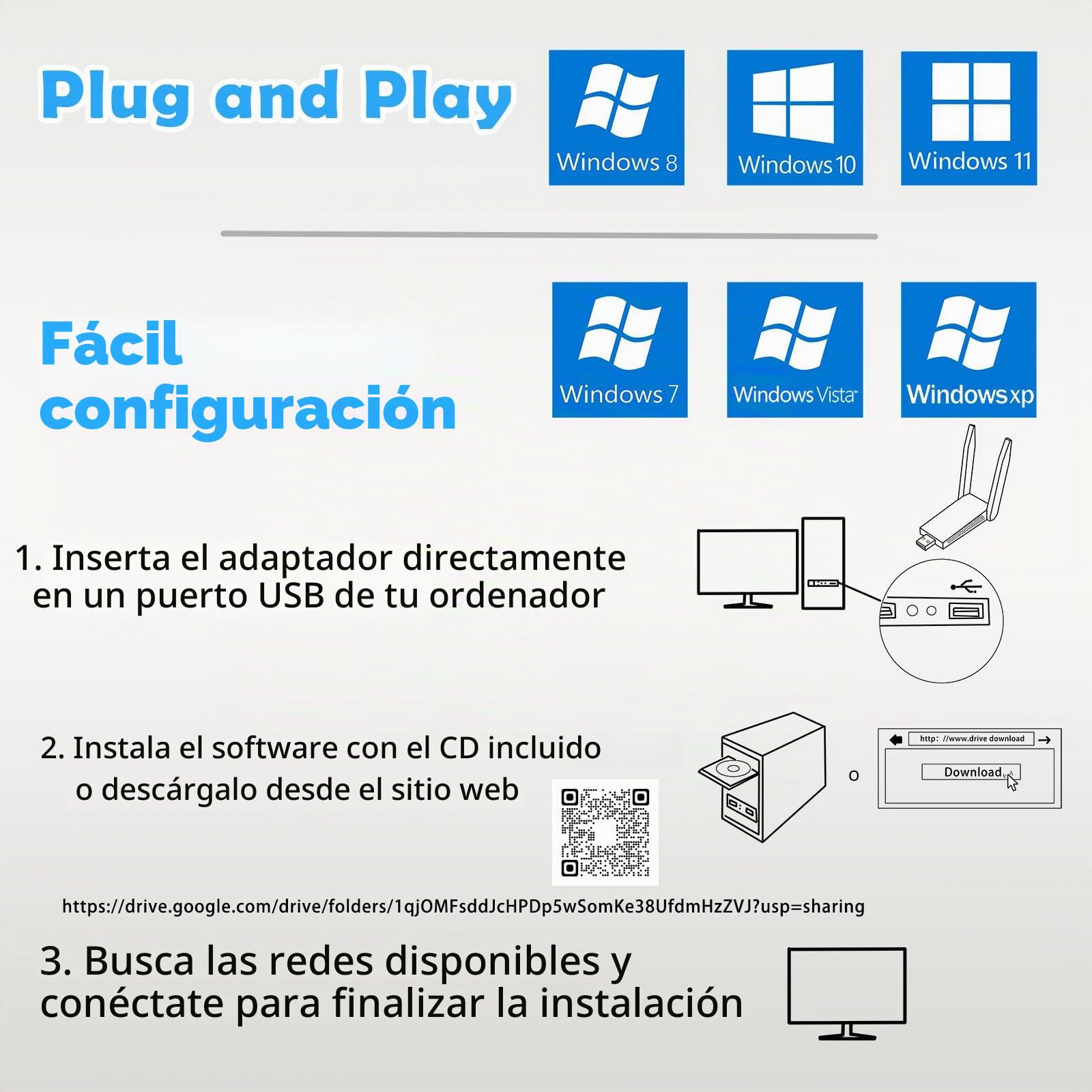 AC1300 Adaptador WiFi USB Dual Band 5GHz/2.4GHz Con Doble Antena Para PC, 1300Mbps, 5dBi Largo Alcance, USB 3.0, Conecta y Reproduce Windows11/10/8.1/8/7/Vista/XP