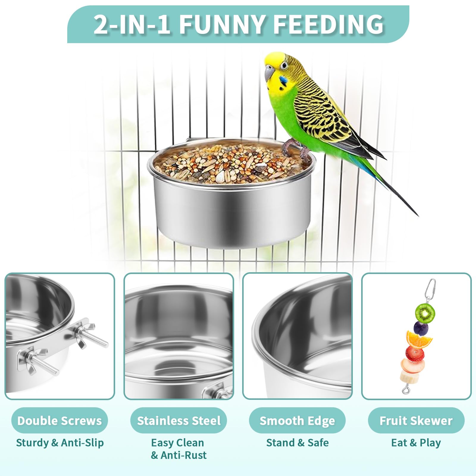 2 Pcs Bird Feeder Bowls with 3 Pcs Food Holder for Cage, Parrot Food Water Bowls and Fruit Skewer Foraging Toy, Stainless Steel Bird Feeding Dish Cups for Small Animals (Silvery, 5 Pcs) - image 2