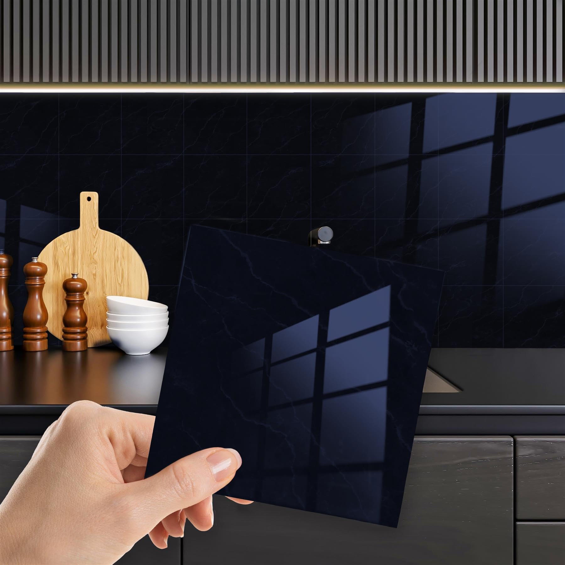 WALPLUS 24 PCS Sticky Back Tiles Bathroom Tile Stickers 15x15cm(6") Self Adhesive Wall Removable Tile Stickers for Kitchen Glossy Dark Grey for Walls Upgrade