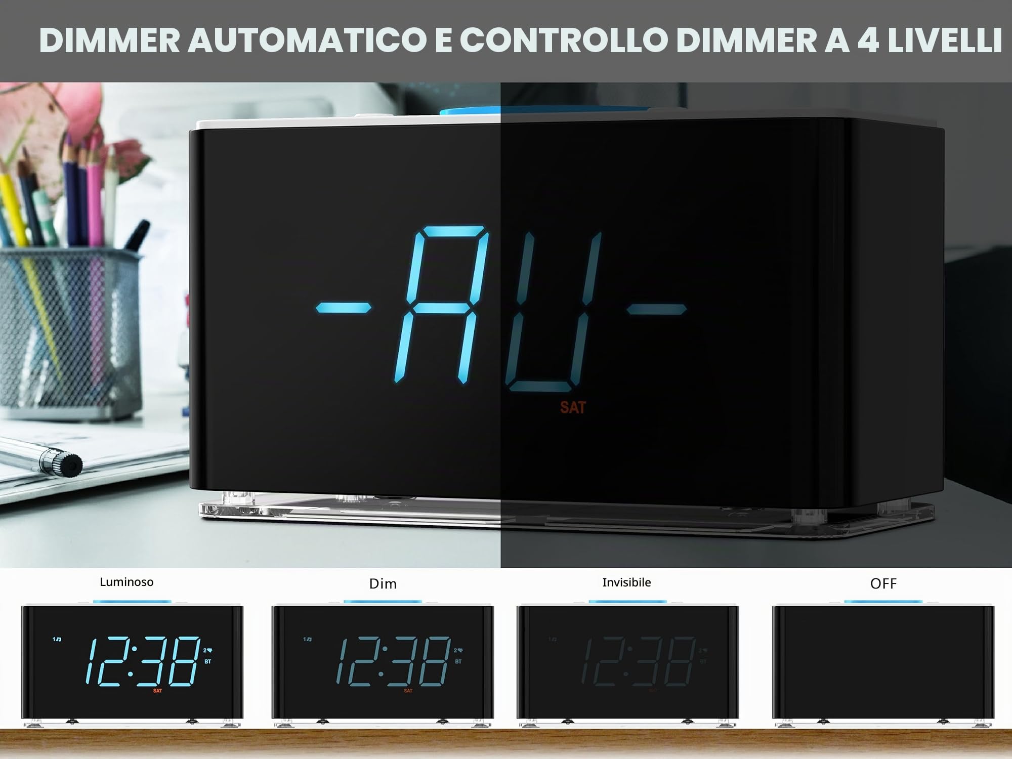 iTOMA Radiosveglia con caricabatterie wireless da 15 W, controllo tramite APP, radio FM, Bluetooth, due porte di ricarica, snooze, dimmer automatico-manuale, luce notturna 207A