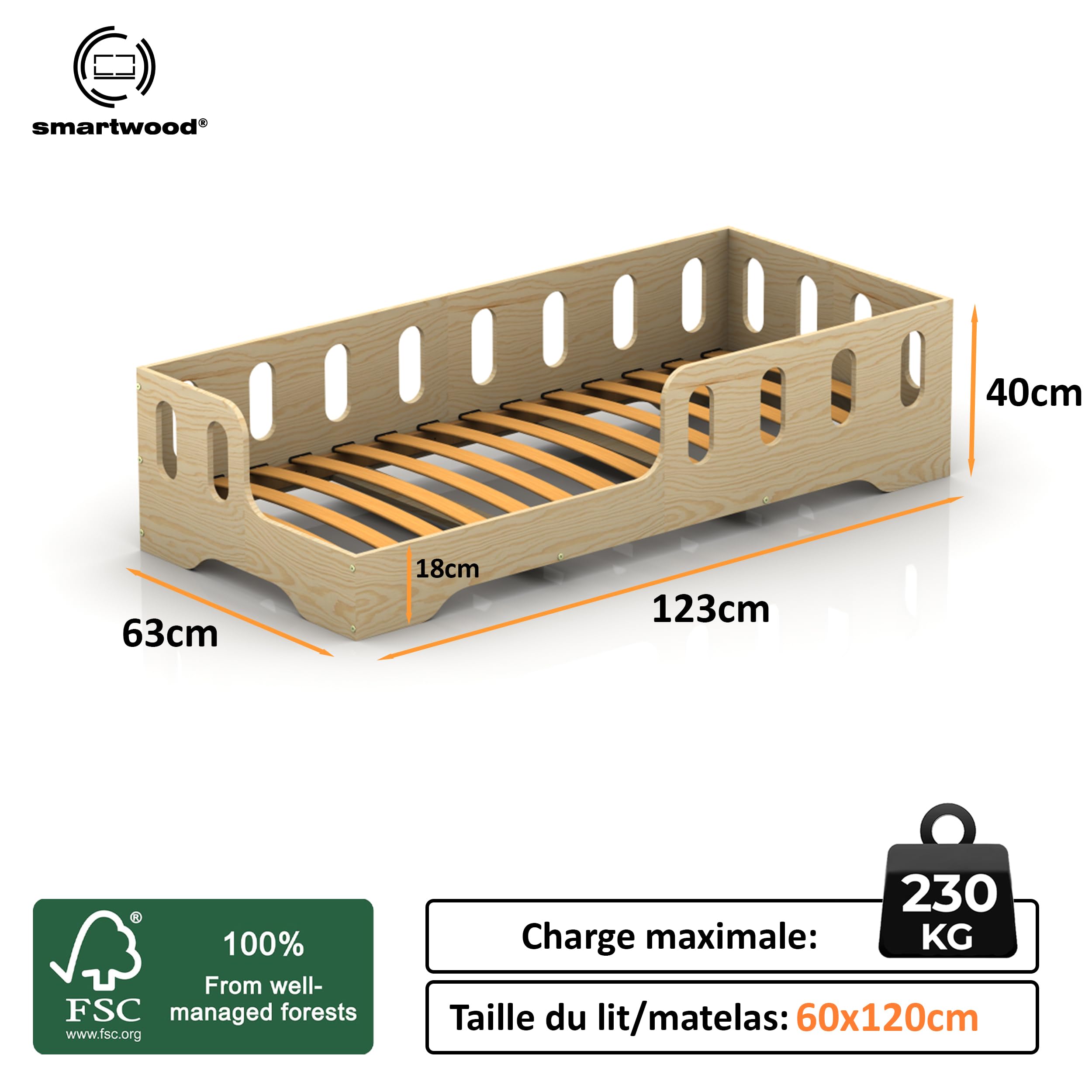 Smartwood Lit Enfant 60x120 avec Sommier Montessori TILA 1L Barrière de Sécurité Bois Naturel Certifié