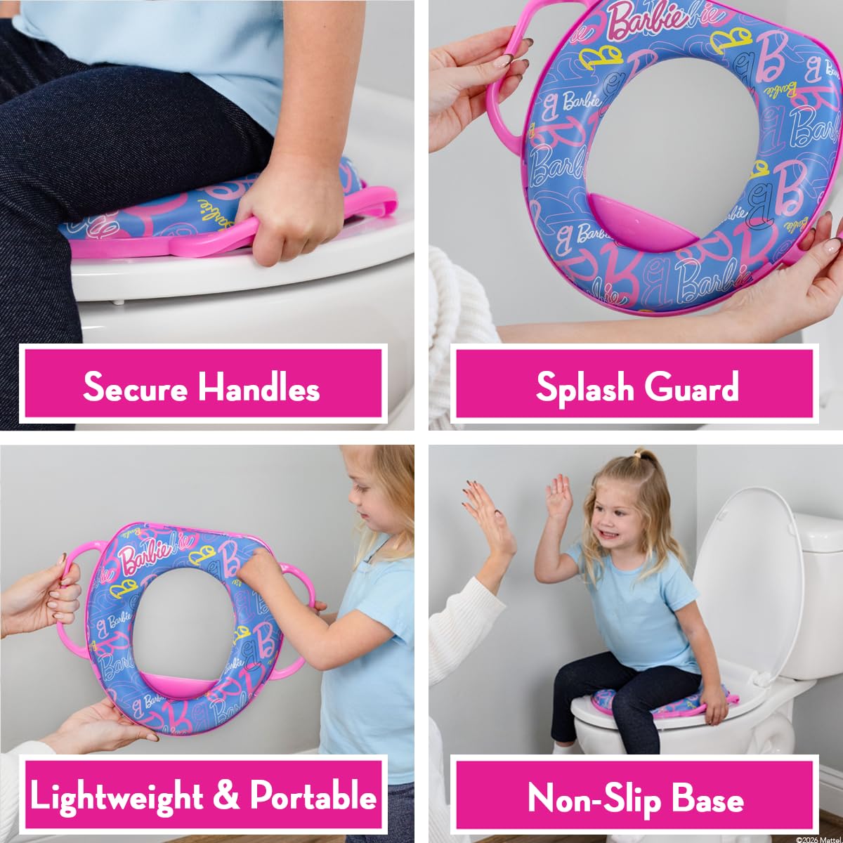 Barbie Morbido vasino per addestramento del WC con gancio portaoggetti, anello imbottito antiscivolo con paraspruzzi, maniglie integrate per bambini, tema Barbie rosa e blu