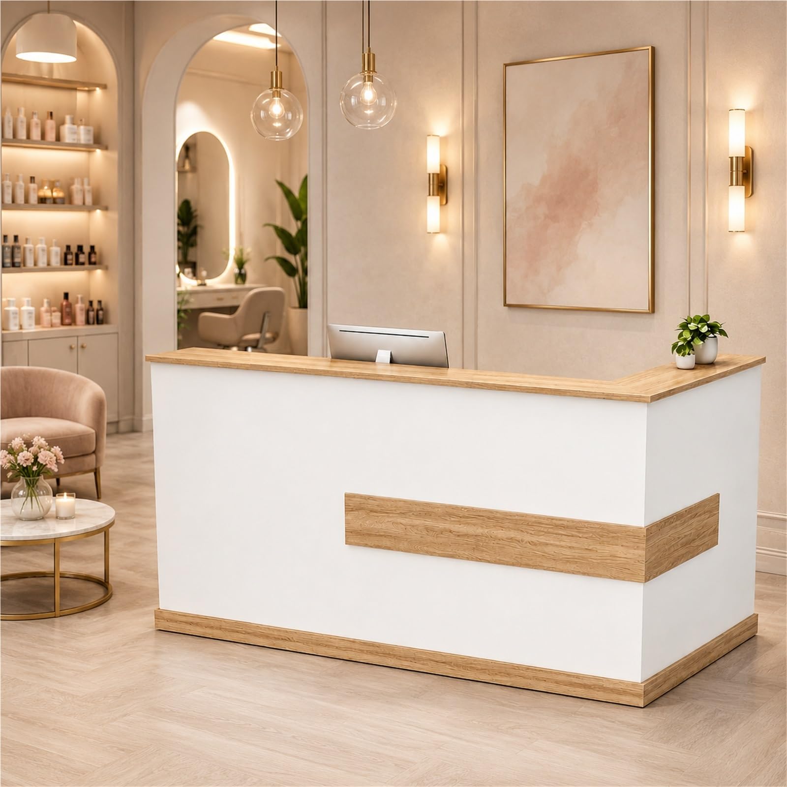 Moderne L-förmige Empfangstheke Rezeptionstheke mit Schublade, Stauraum | 110 cm Hohem Sichtschutz für Büro Salon Praxis Laden Hotel Studio(Right beige+White,120cm/47.2")