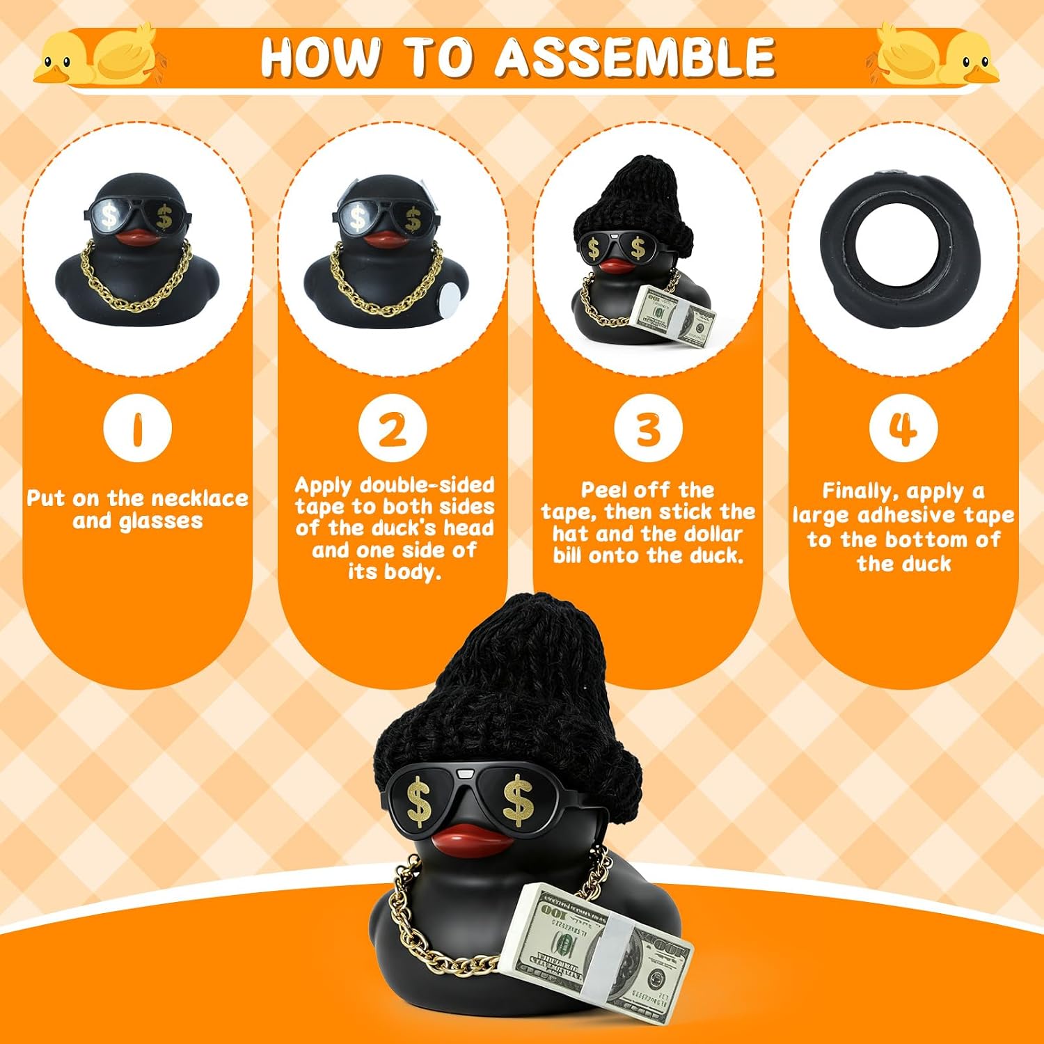 Black Rubber Duck with Knit Hat, Necklace, Dollar and Sunglasses image 4
