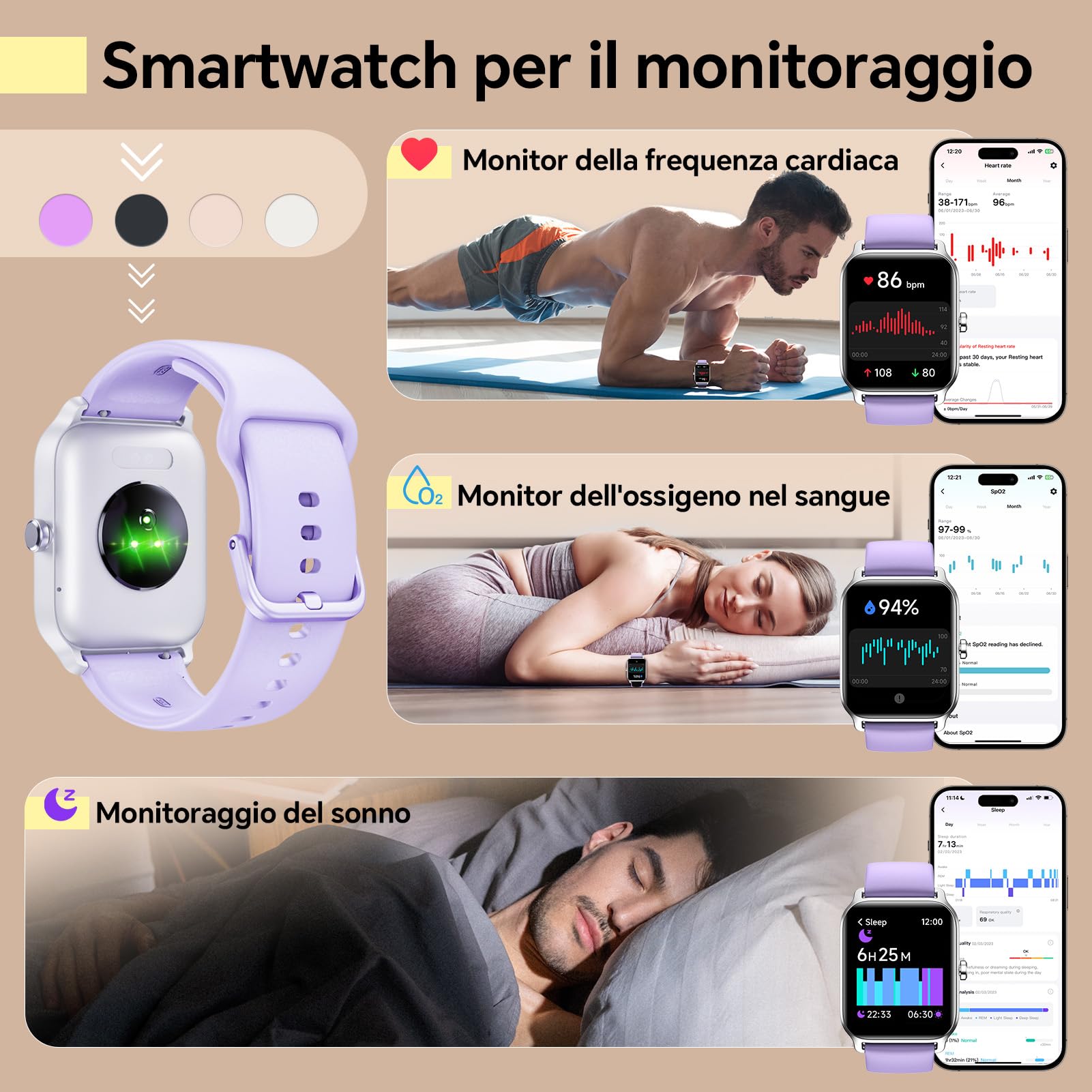 Smartwatch Donna Uomo-Orologio Smart Watch con Chiamate e whatsapp Alexa Integrata Cardiofrequenzimetro SpO2 100 modalità Sport e Monitoraggio del Sonno IP68 Orologio fitness per Android iOS(Viola)