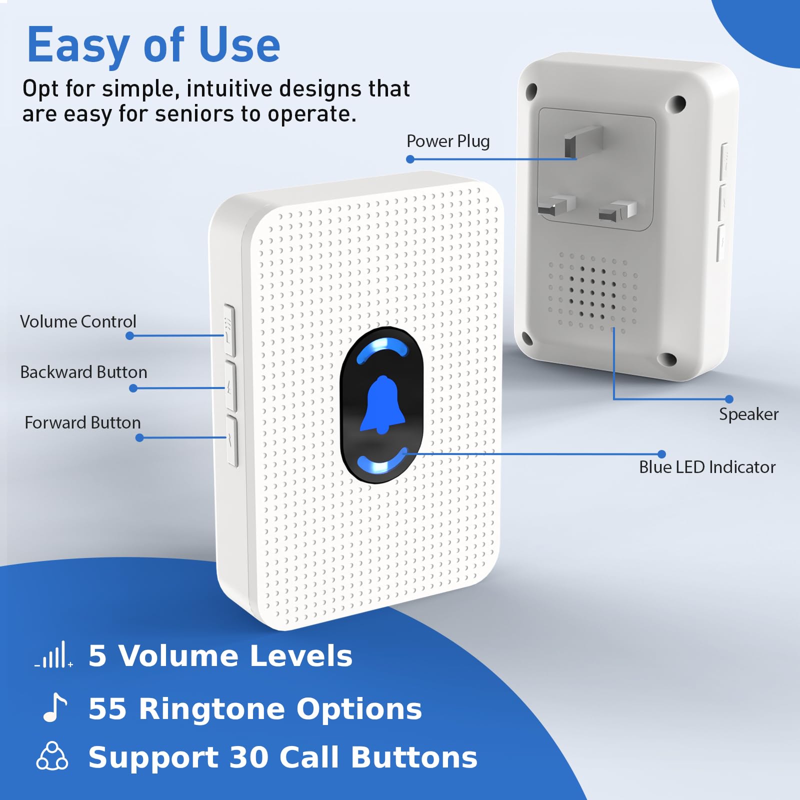 DAYTECH Allarmi personali wireless per anziani, pulsante di chiamata per anziani, allarme da polso, pulsante antipanico, campanello per pazienti disabili domestici, anziani, con 1 ricevitore plug-in