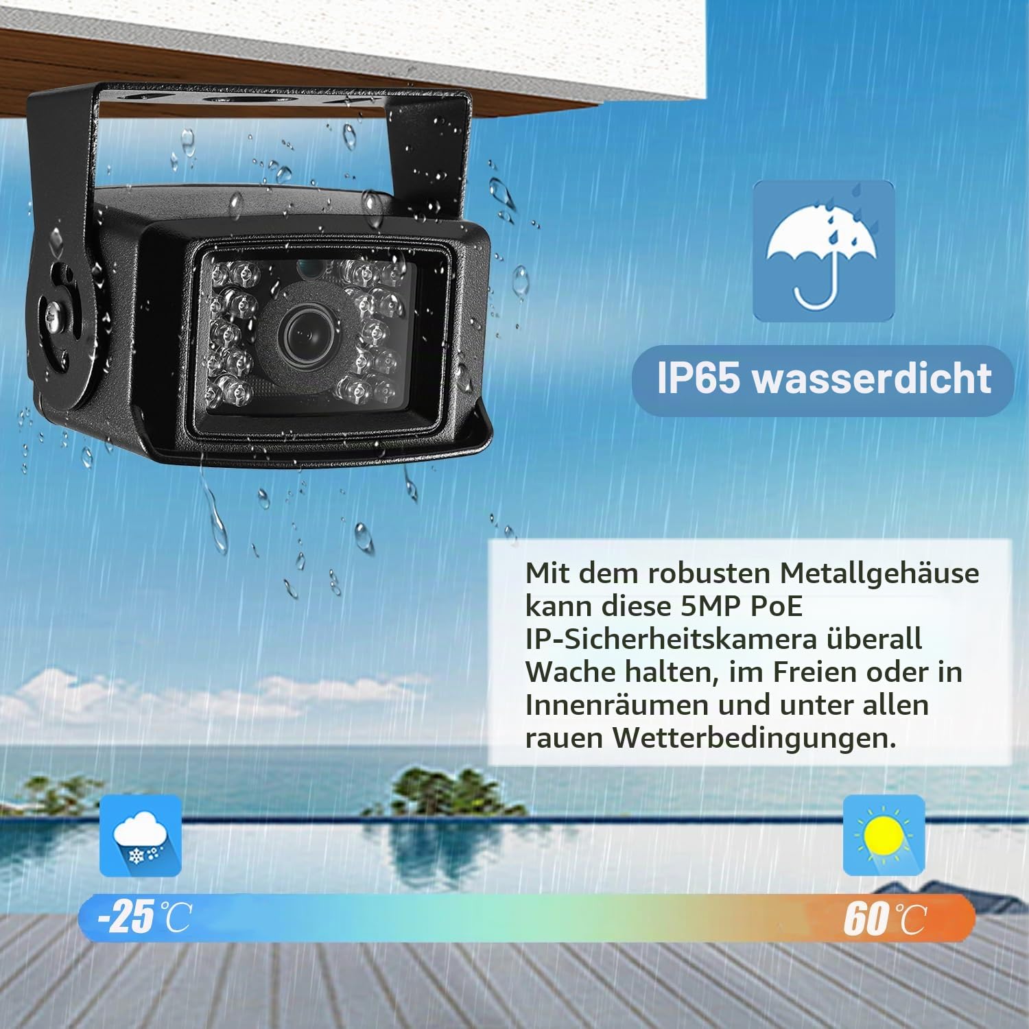5MP Mini POE IP Kamera, IP65 wasserdichte Kamera,18 Stück LEDs 10M IR Nachtsicht, 3.6mm Objektiv Innen/Außen Sicherheitskamera kleine IP Video H.265 Bewegungserkennung (I704-P-HS)
