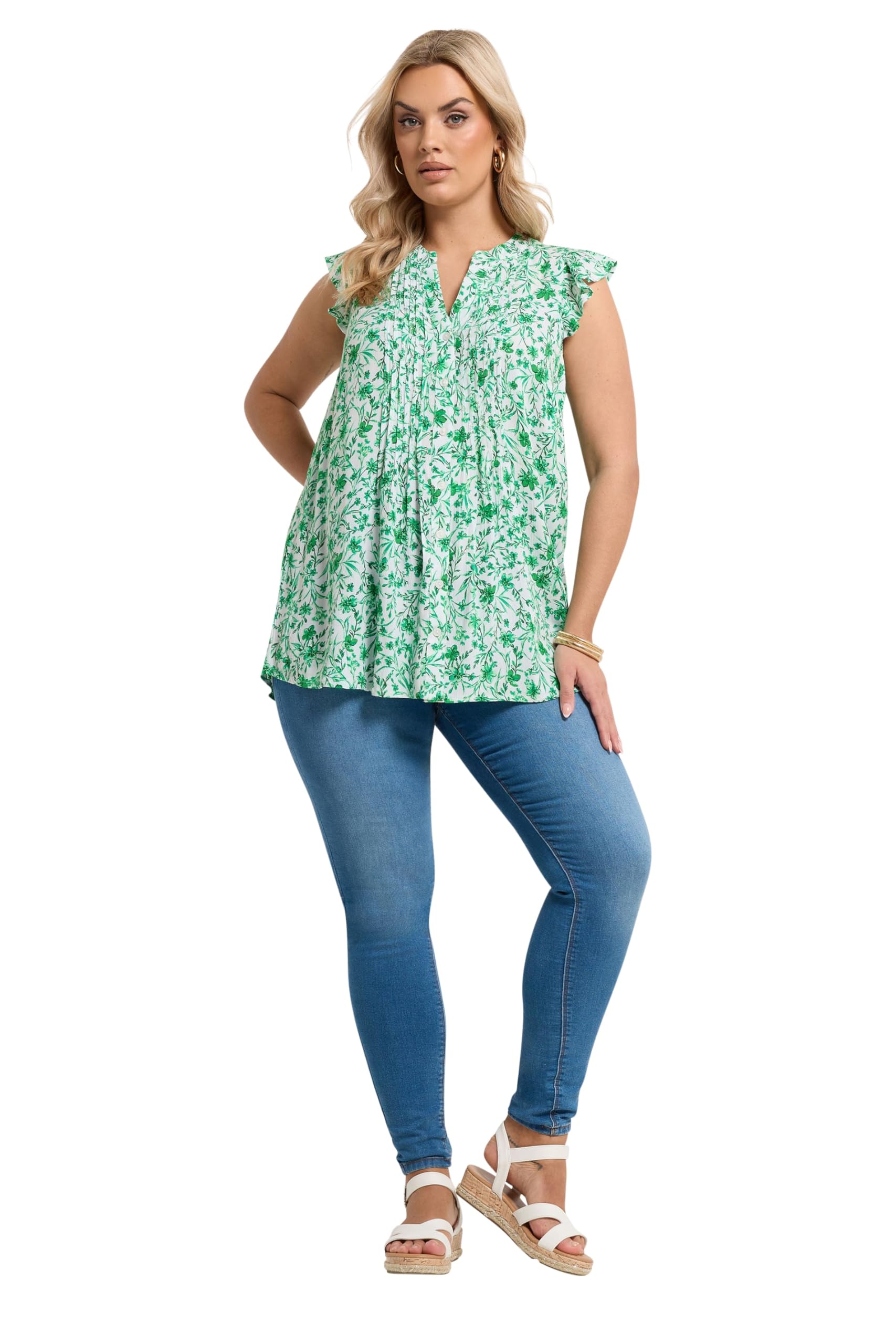 Yours Curve Floral Pintuck Blouse - Women's - Plus Size Curve Green