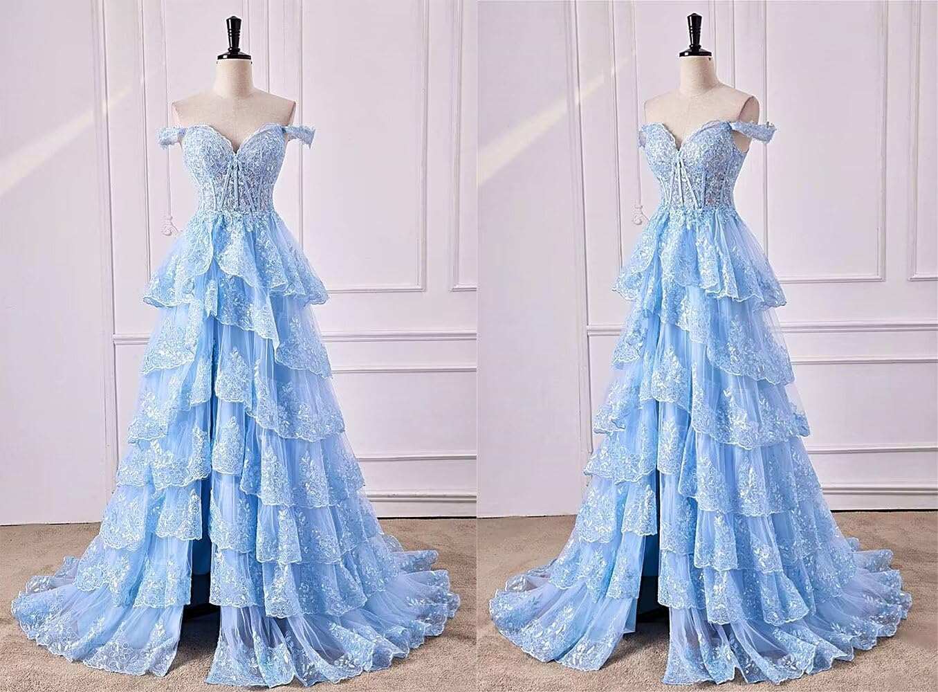 Glitter Tiered Tulle Lace Prom Dresses Long for Teens 2025 Spaghetti Straps Formal Wedding Evening Gowns VS035