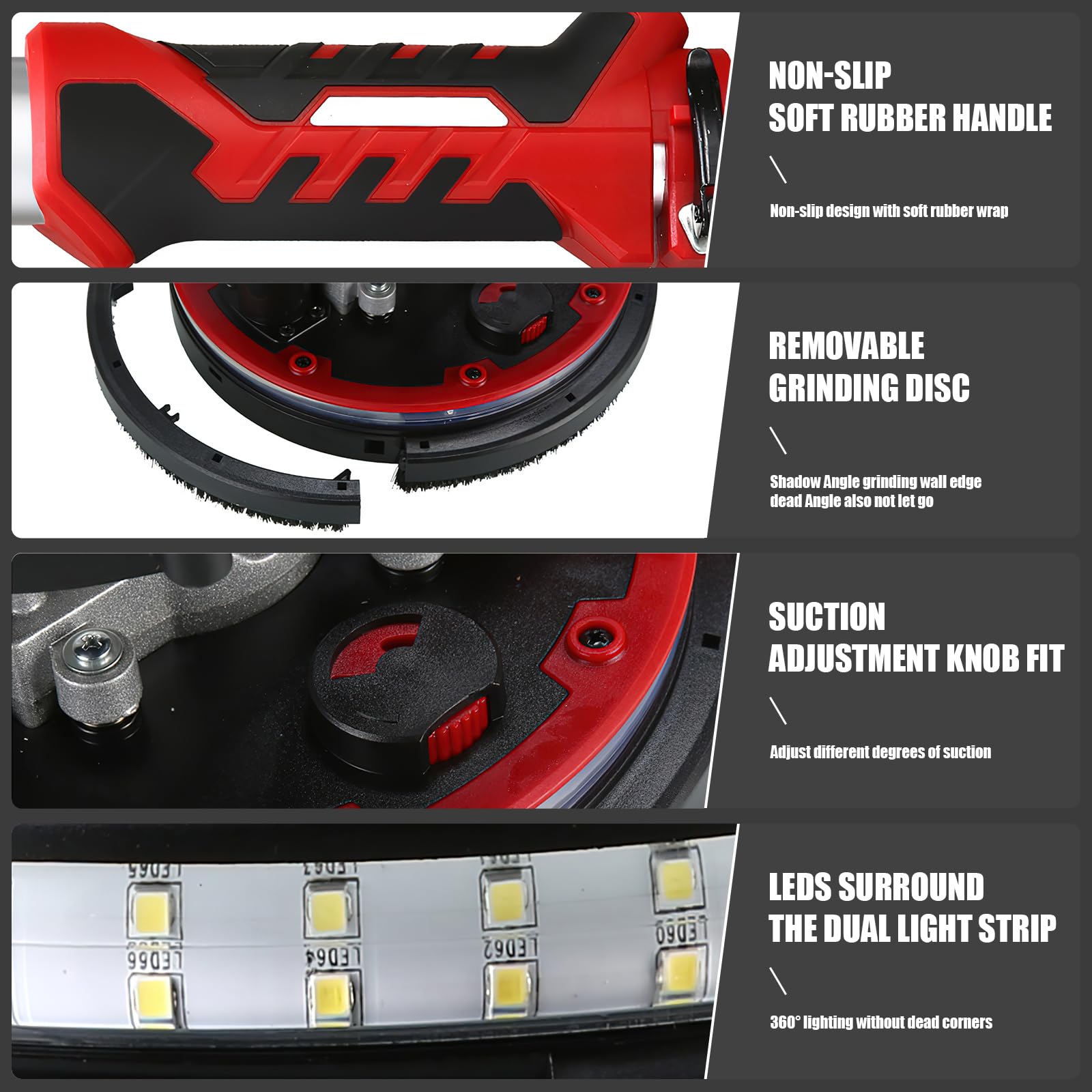 Lijadora Jirafa con Aspirador 800W, Lijadora Pared y Techo, Disco de lijado Ø225 mm, 6 Velocidades Regulables Luz LED, Mango Telescópico,Lijadora Electrica para Placas de Yeso y Obra Seca (Rojo)