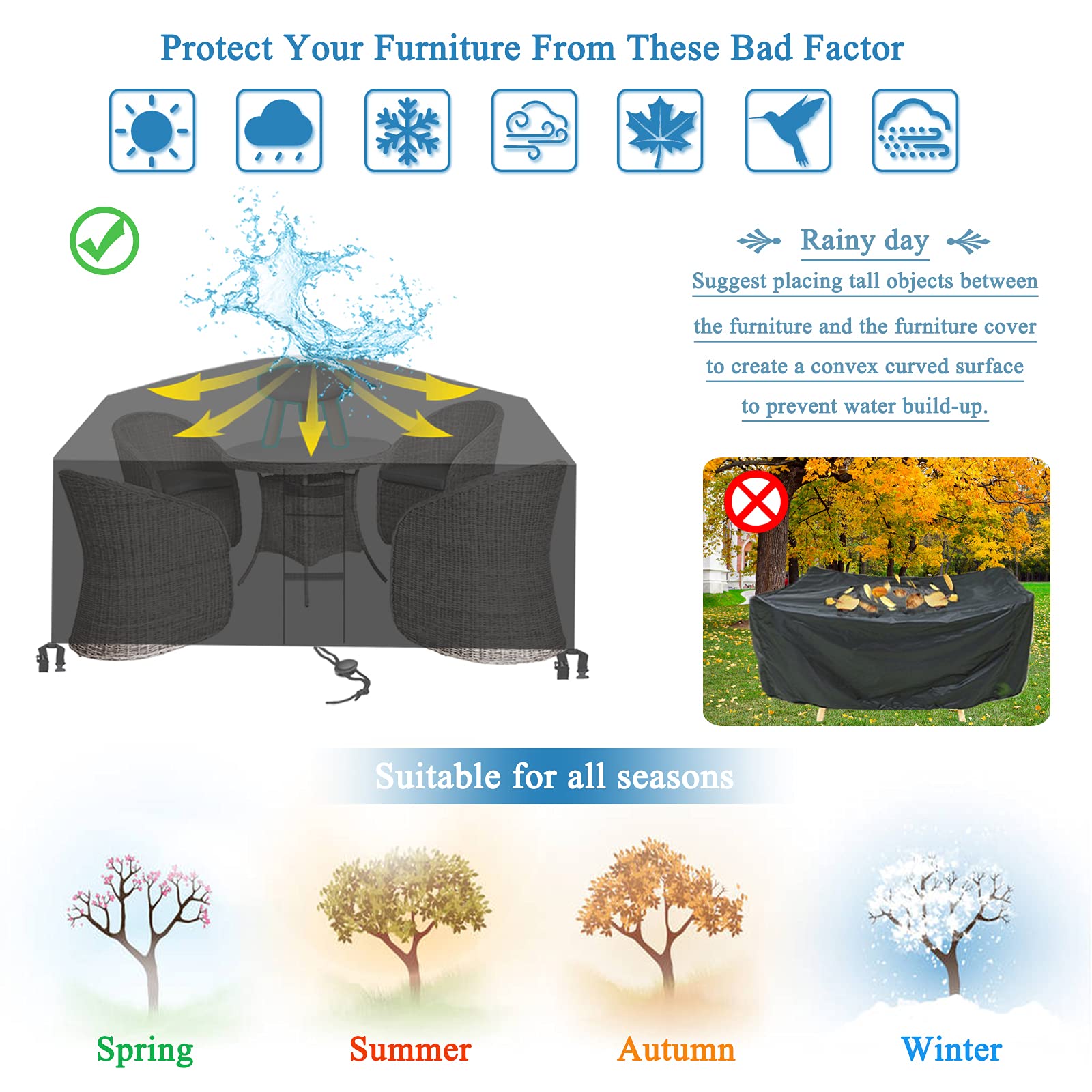 Funda Jardin Exterior I,420D Rectangular Funda Protectora para Muebles de jardín,Impermeable,Transpirable, a Prueba de Polvo y a Prueba Rayos UV