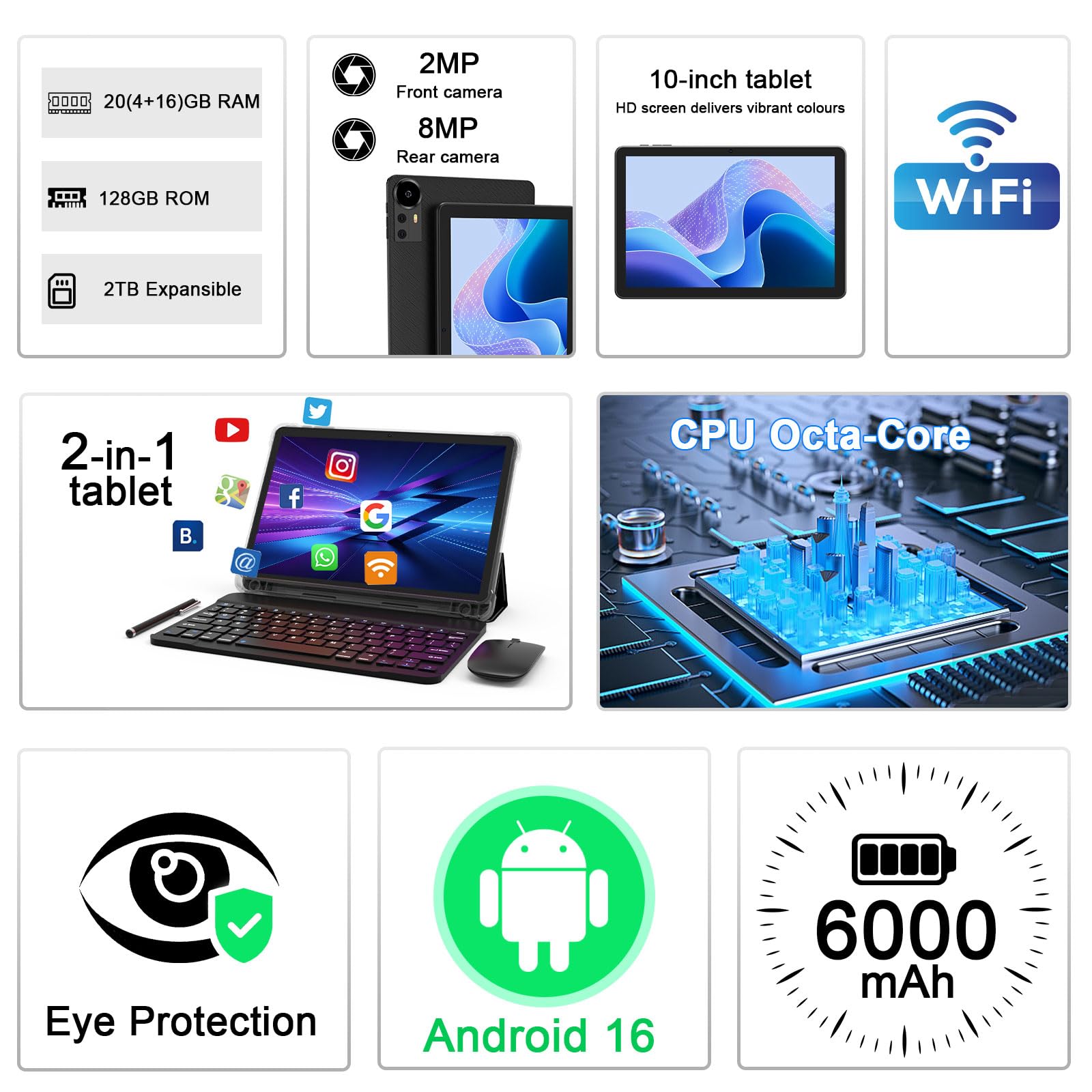 CUPEISI Tablet Android 13 da 10 pollici, 12 GB di RAM+128 GB di ROM/1 TB espandibile Tablet PC, 2 in 1 con tastiera, CPU HD quad-core da 2.0 GHz, certificato da Google 5G WiFi 6 BT 5.0, 8 MP