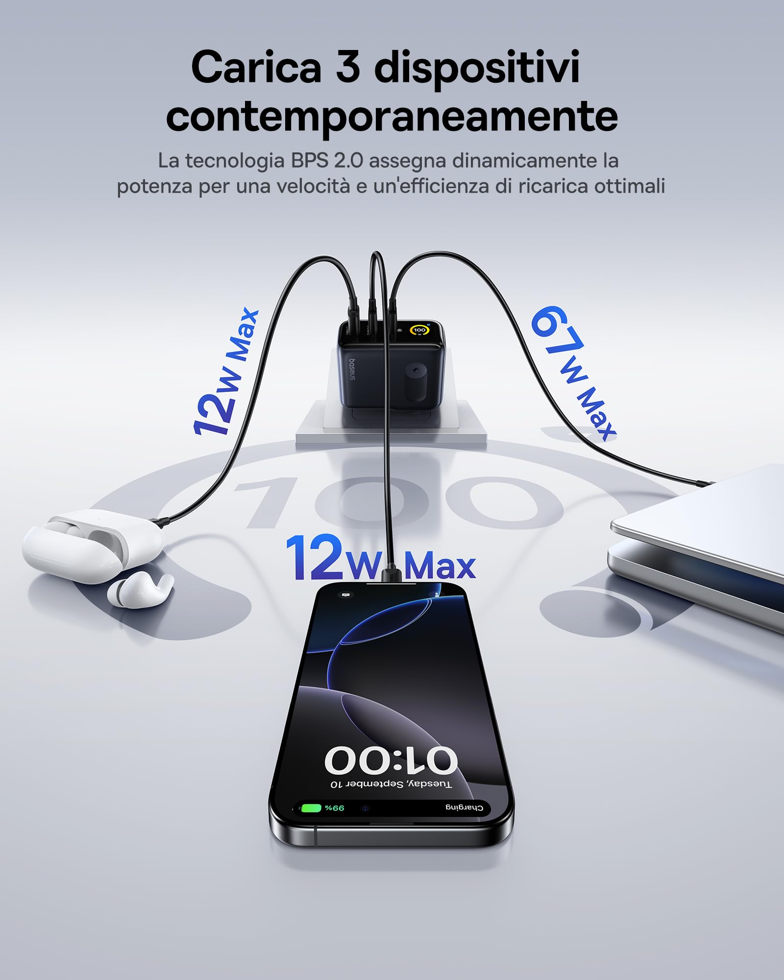 Baseus Picogo AI 100W USB-C Caricatore, Smart Display & Touch Control, 3-in-1 Ricarica Rapida, Avanzato Alimentatore GaN, Compatibile con MacBook, iPhone 17/16/15/14, Samsung, Pixel e Altri