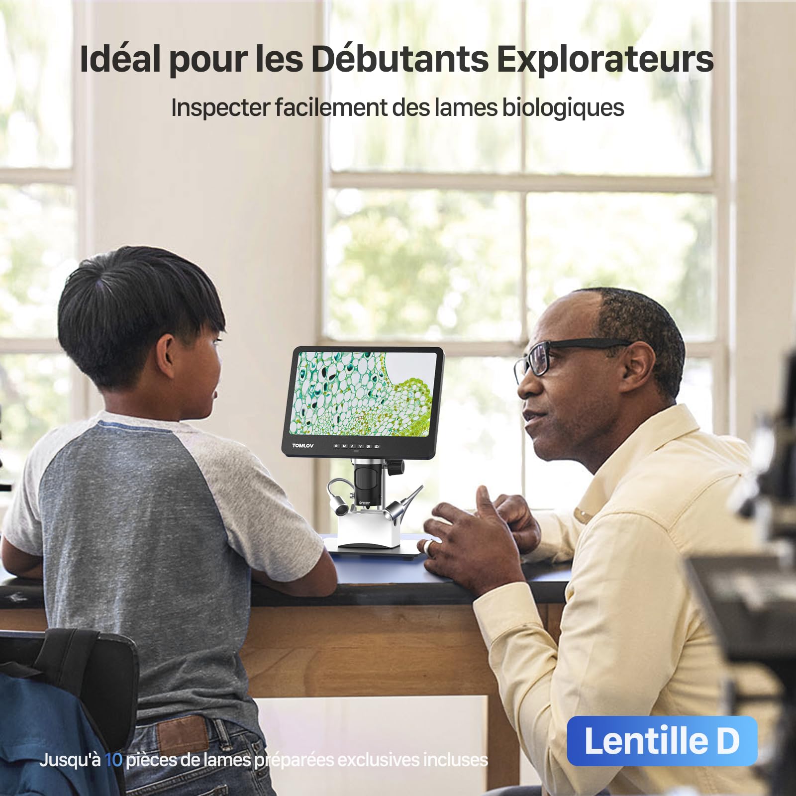 TOMLOV DM602 Pro Microscope numérique HDMI Trois lentilles, Microscope soudé LCD 10,1" avec éclairage annulaire, écran IPS, Cadeaux pour Adultes, Carte 64GB, Support 10", Compatible Windows/Mac