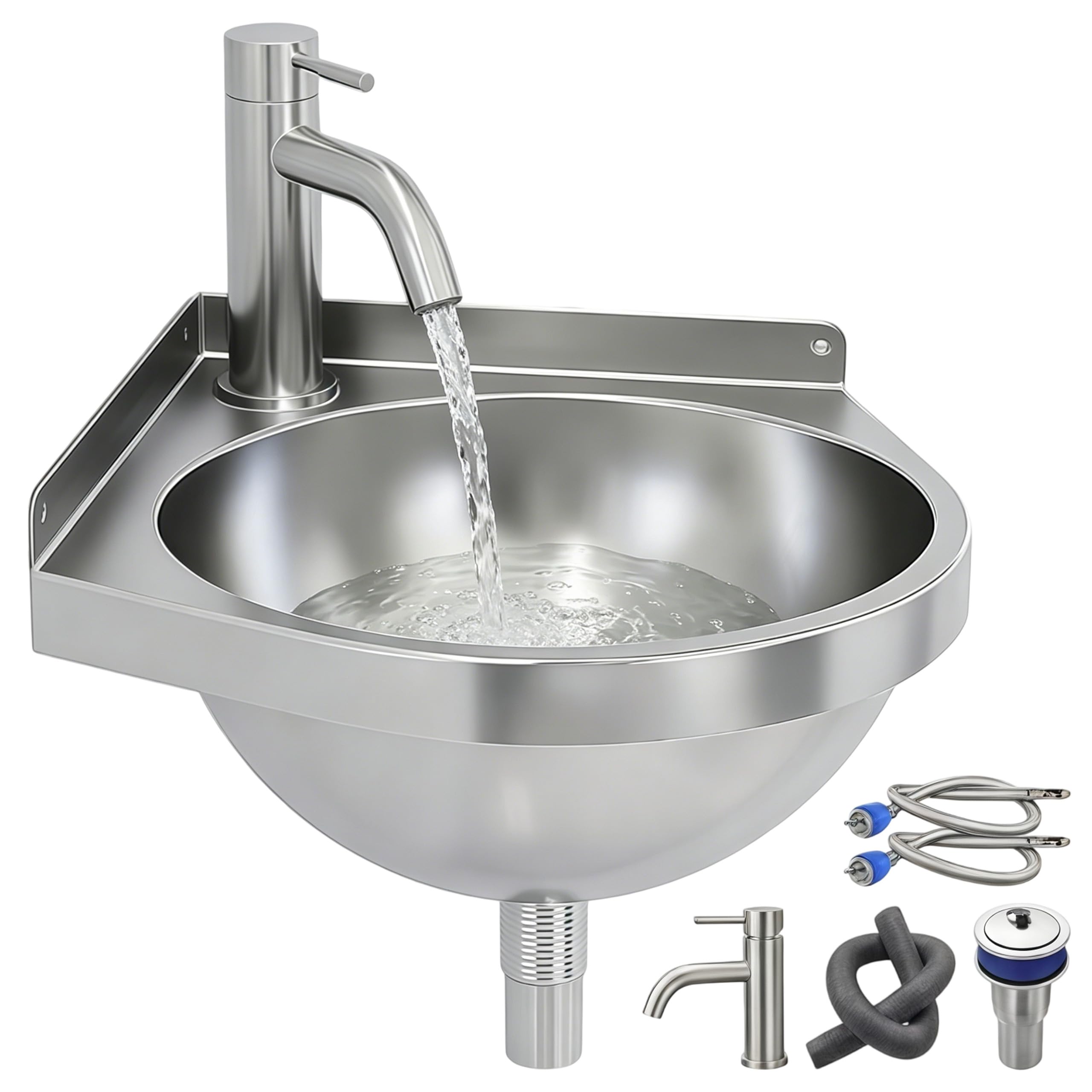 Lavabo de esquina de acero inoxidable con grifo, lavabo de acero inoxidable para autocaravana, lavabo triangular, lavabo de mano, lavabo de pared para baño, caravana, barco, inodoro, garaje