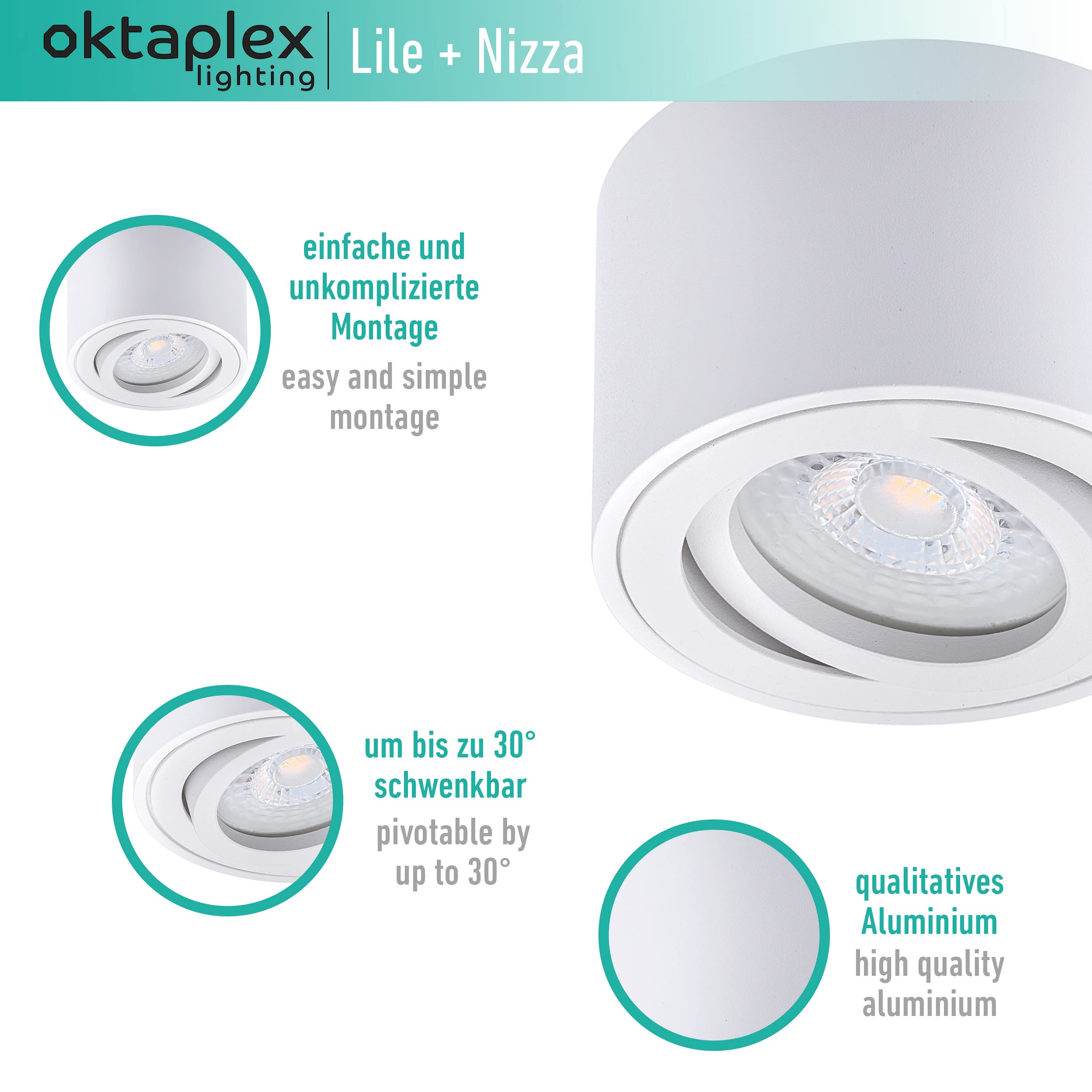 Oktaplex 6 Focos Superficie Orientable Lile Blanco – Incl. Módulo LED 4,8W 230V 3000K Blanco Cálido 80x50mm – Foco LED Techo Interior Aluminio | 230 V, 3000 K, luz blanca cálida, 80 x 50 mm, empotrable, aluminio, orientable