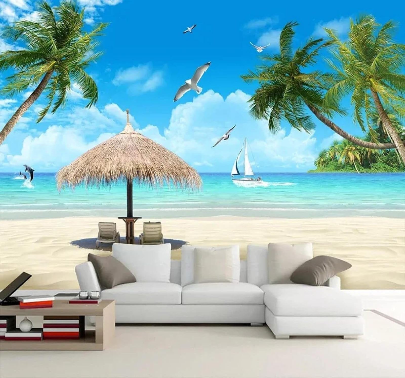 Tzxztt Beautiful Blue Sky Beach Coconut Trees Seaside View Modern 3D Wallpaper Premium Textured Silk Neutral Tones Material Ideal for Living Room Bedroom-150cm×105cm