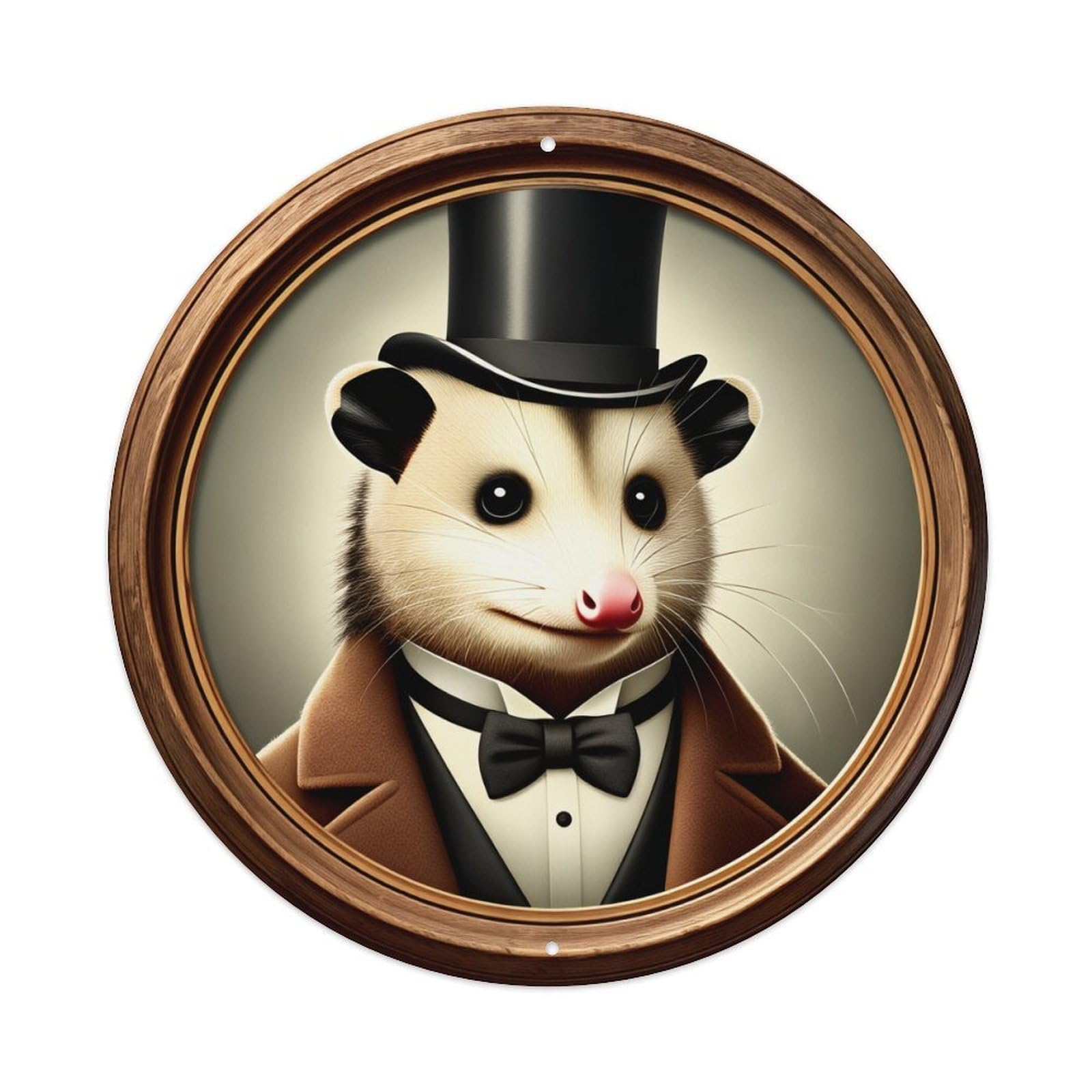 Animal Portrait In With Hat Round Tin Sign Vintage Metal Poster, Home Bar Garage Man Cave Cafe Indoor & Outdoor Wall Decoration 8x8Inches