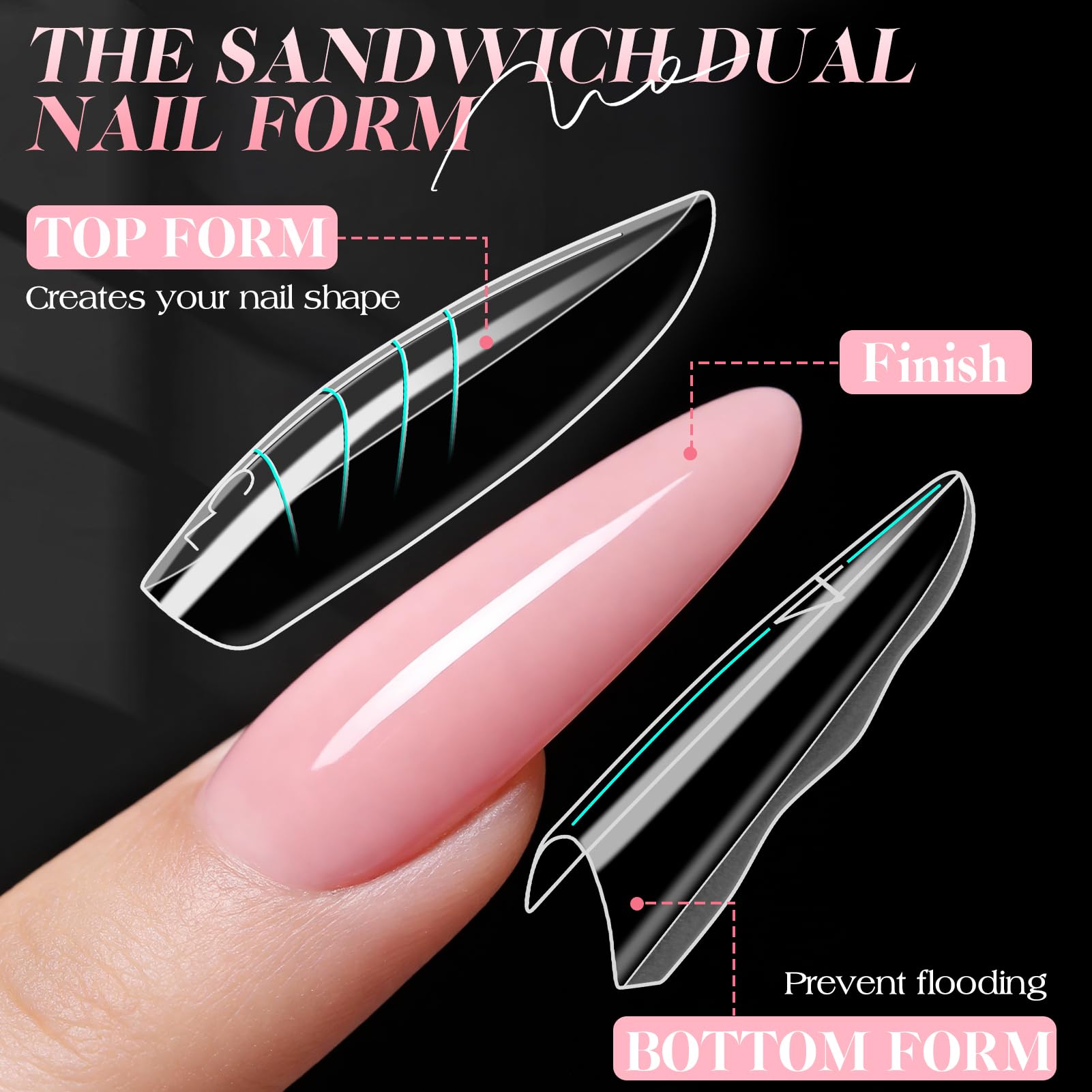 Kiiwah 180 szt. Dual Form Sandwich, wielokrotnego użytku formy do paznokci, żelowa forma do paznokci, dodatkowo długa, podwójne formy do żelowych przedłużeń paznokci, do zrobienia w domu (migdałowy)