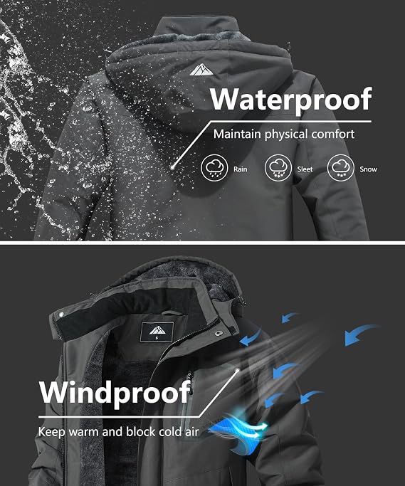 Men's Mountain Ski Jacket Waterproof Winter Coat Warm Snowboarding Jacket Snow Windbreaker Hooded for Hiking