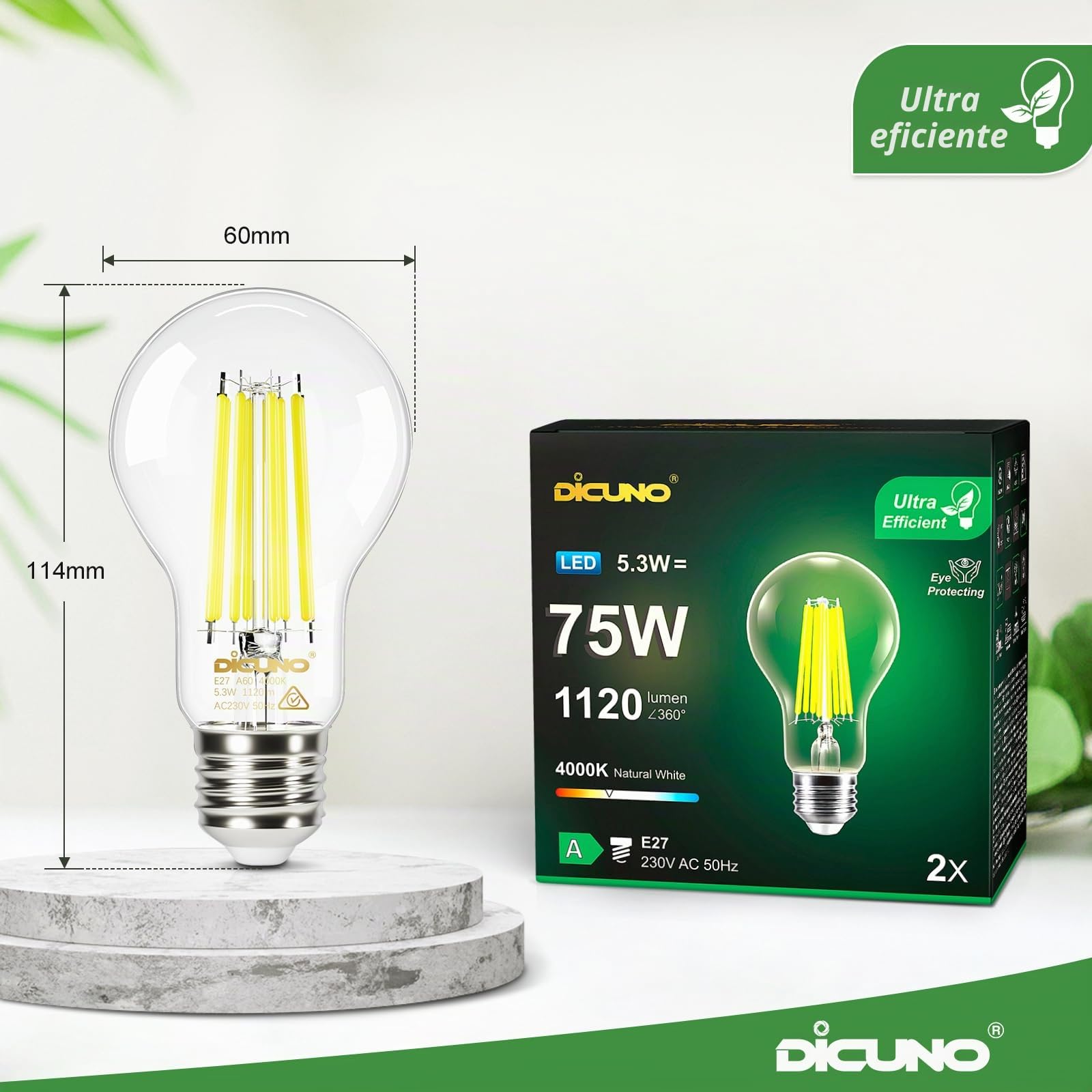 DiCUNO Bombilla LED E27 Ultra Eficiente Clase A, 5.3W=75W, 4000K, Pack de 6 | Blanco neutro, 1120lm, Vidrio, Bajo consumo, Bombilla E27 A60 de filamento Edison para colgantes, lámparas de mesa y apliques