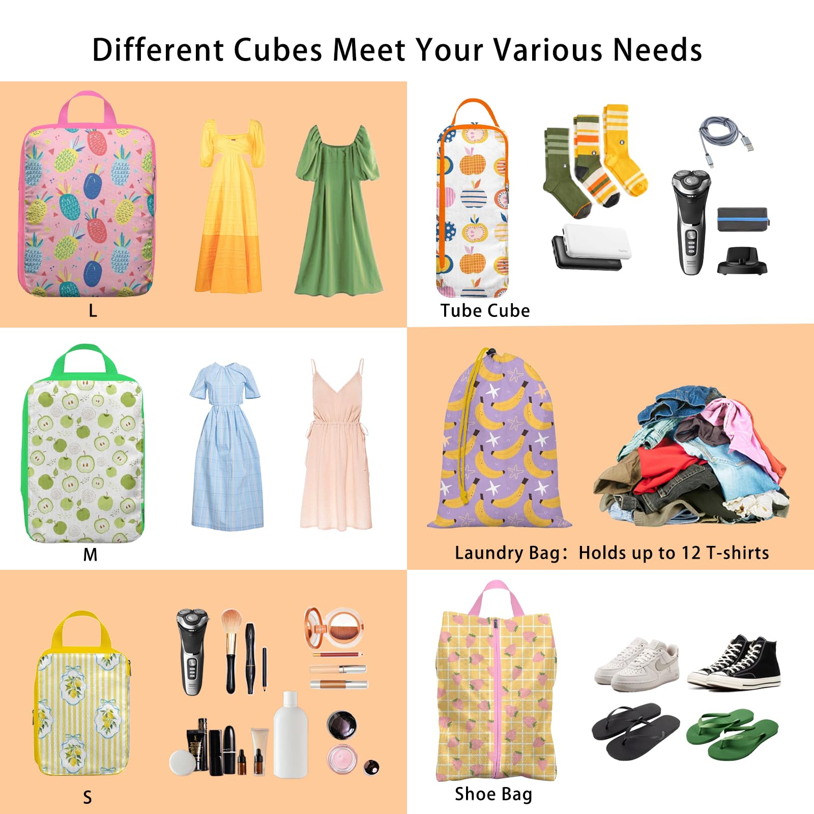 Kompressions-Verpackungswürfel, Packwürfel für Reisen, wasserdichtes Gepäck-Organizer-Taschen-Set, niedliche Verpackungswürfel für Damen, Kinder, Rucksack, Handgepäck, Obst, 6er-Set