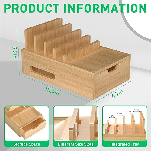 Miniatura 3 de Estación de carga de bambú para múltiples dispositivos, organizador de cargador de escritorio con bandeja y cajón, estación de acoplamiento de