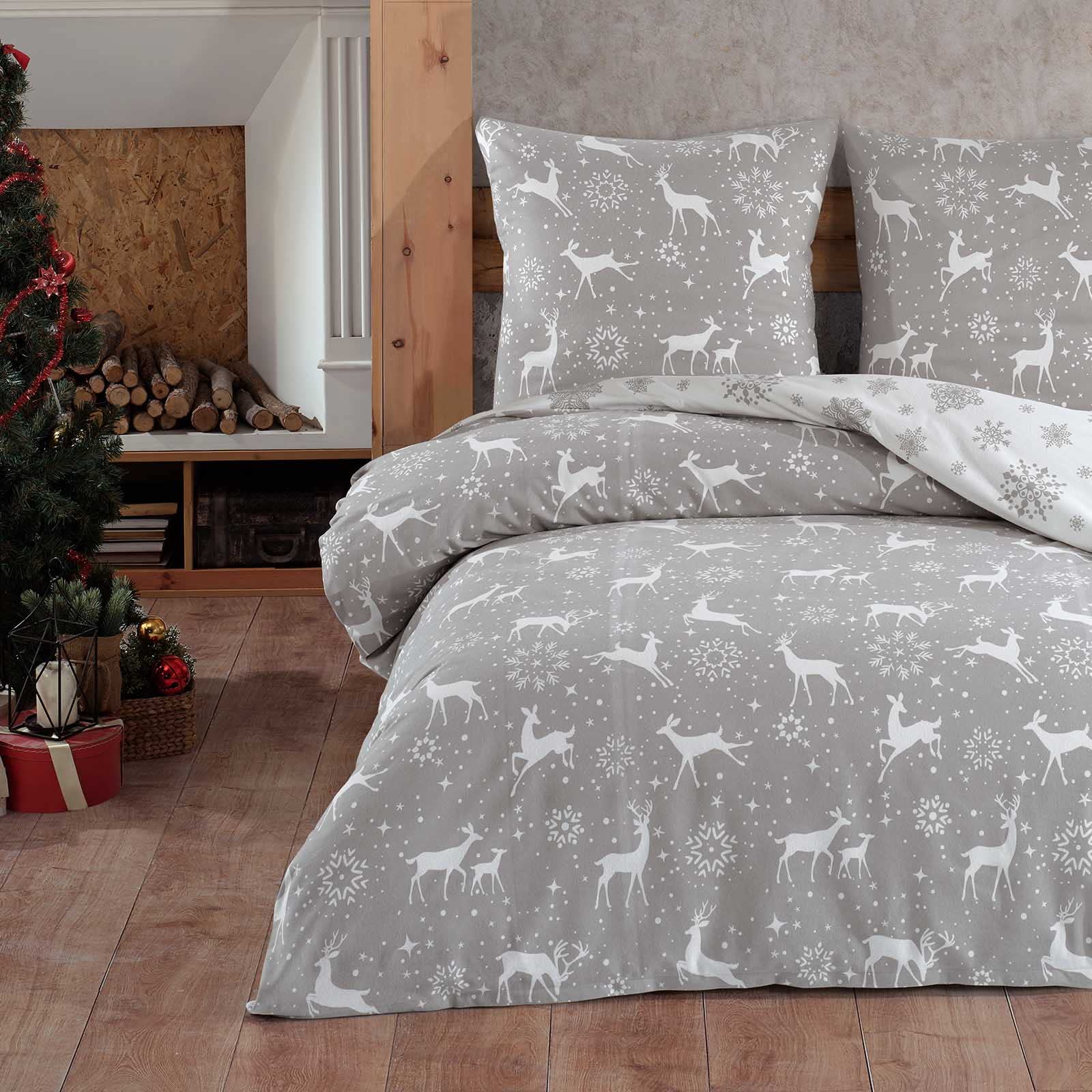 Biber Bettwäsche 135x200 cm Flauschige Winterbettwäsche 2 Teilig 100% Baumwolle mit Reißverschluss Bettwäsche-Set Kissenbezug 80x80cm, Wendebettwäsche Rentier Schneeflocke, Weiß Grau