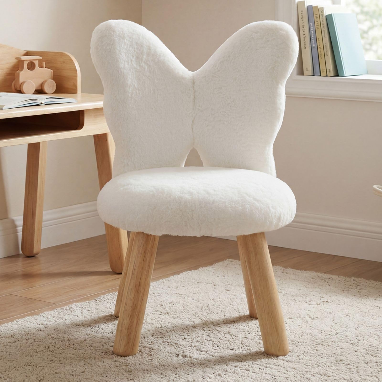 chairus Kindersessel Kunstfell Schmetterling, Weiß | Holzbeine, Gepolstert, Für Kinderzimmer, Für Spielzimmer