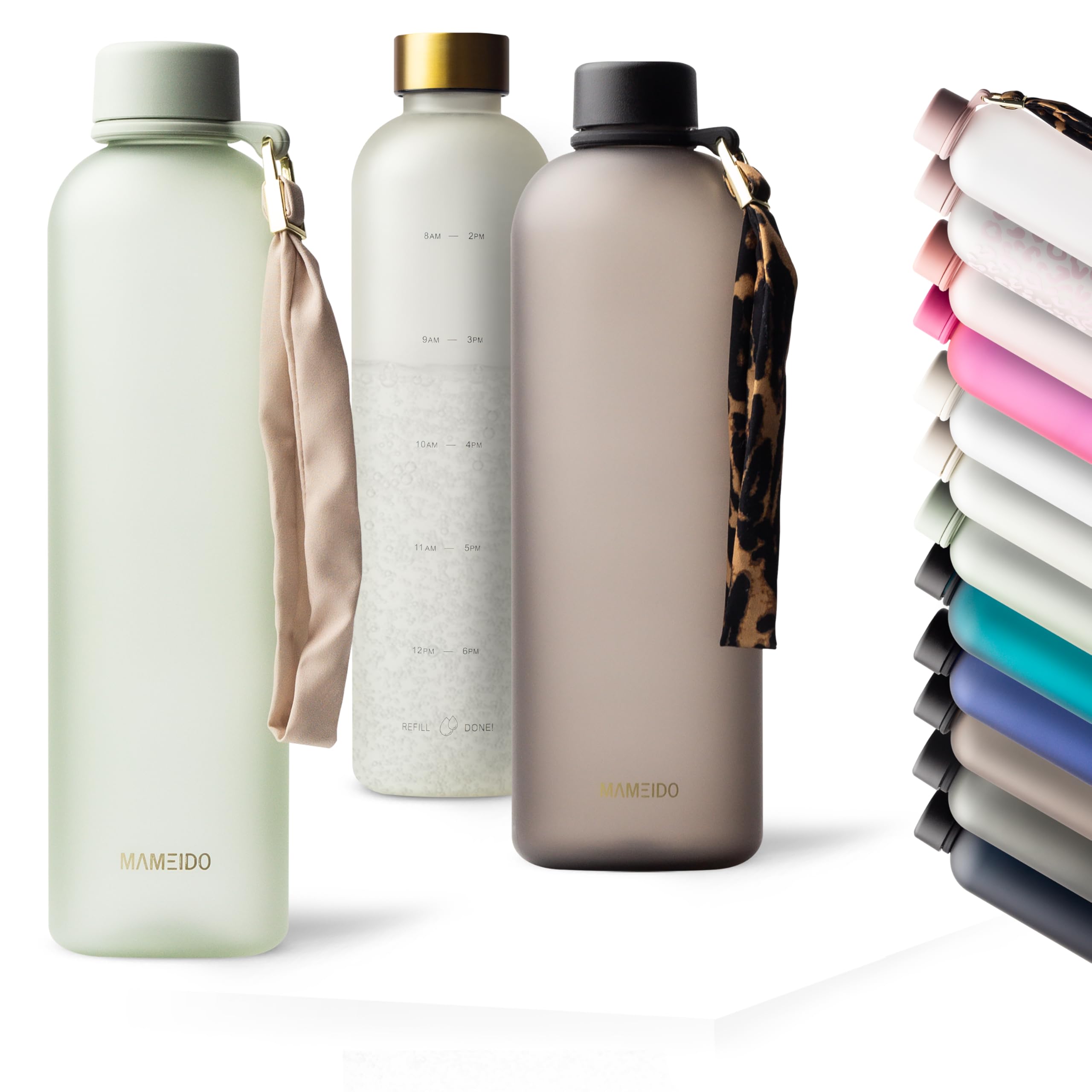 MAMEIDO Trinkflasche mit Zeitmarkierung 1 l Kohlensäure geeignet, auslaufsichere Water Bottle, Wasserflasche BPA frei für Sport, Gym & Büro (Desert Sage)