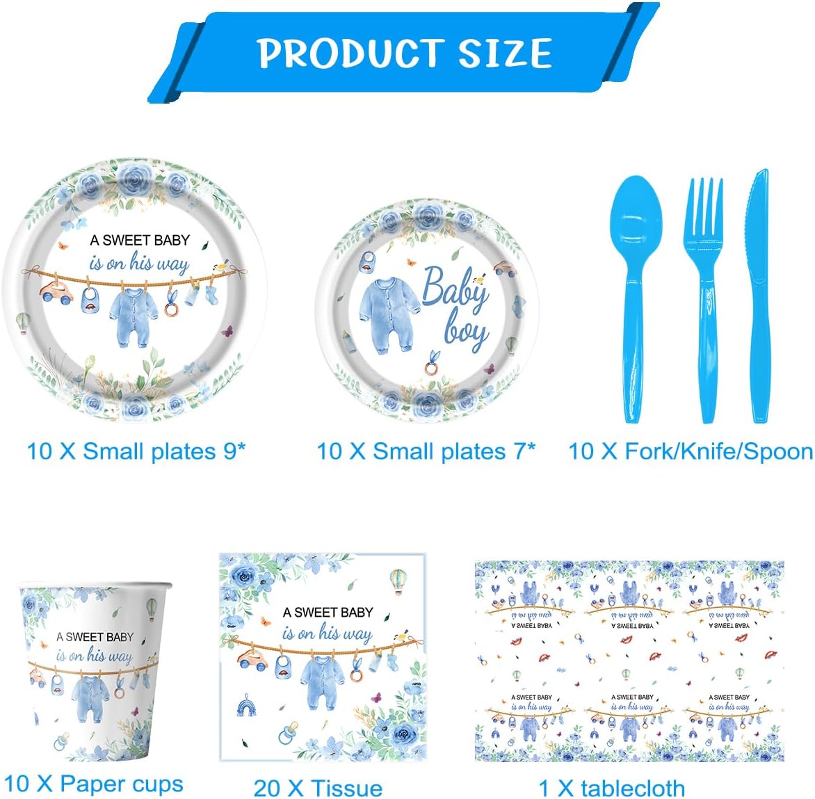 Baby Shower Party Tableware Set , Cute Male Birthday Party Decorations with Blue Flower Theme Plates, Napkin, Cups, Forks, straws for Baby Shower Gender Reveal Party Supplies - Image 2