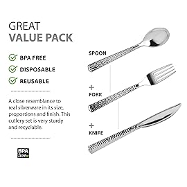 Plastic Cutlery Silverware Extra Heavyweight Disposable Flatware, Full Size Cutlery Combo, Silver Pebbled, 80 Forks, 40 Spoons, 40 Knifes, Value Pack 160 Count