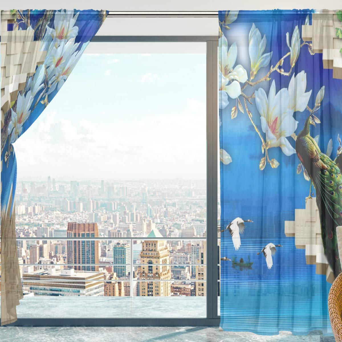 Mnsruu Voilage Rideaux Fleurs Paon Oiseaux Doux Voilage Voilage Voilage Voilage Voilage Voilage Rideaux Fleurs Paon Oiseaux Doux pour Chambre Salon 140 x 213 cm 2 Panneaux