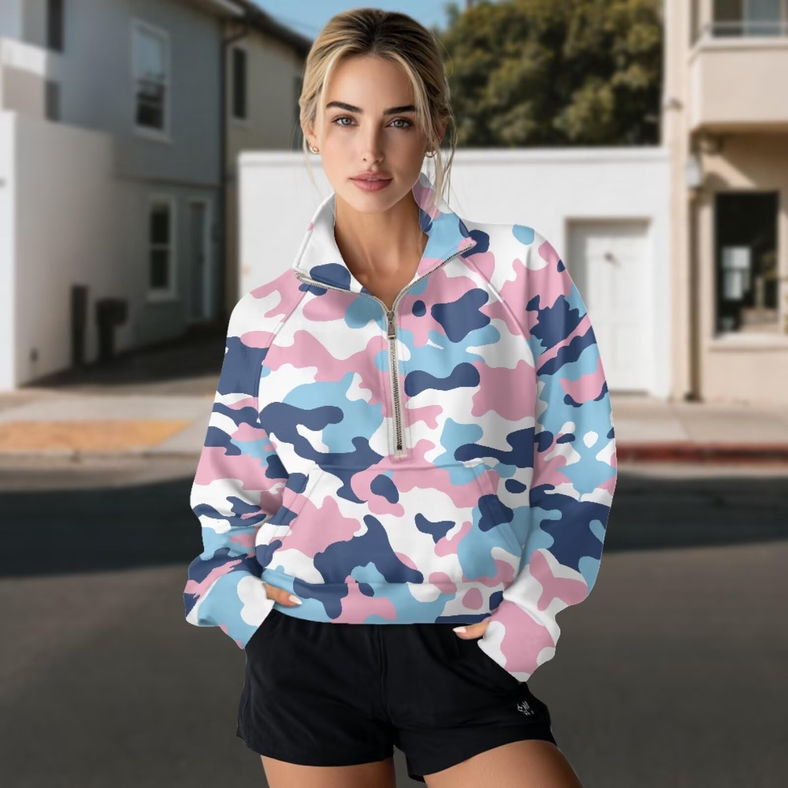 Poceacles Sudadera corta para mujer con 1/2 cremallera y agujero para el pulgar, cuello alto falso, sudadera de gran tamaño, sudadera con capucha suave