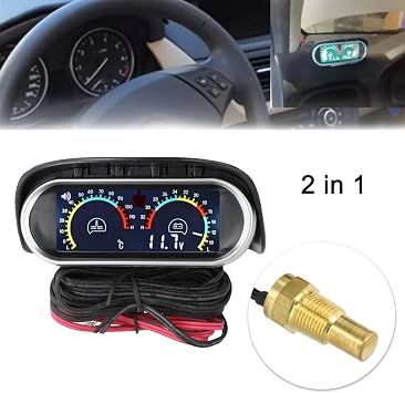 Digital 2 In 1 Car Water Temperature Gauge and Voltmeter with LCD Display and Sensor Compatible with 12V 24V Power Systems, Features Water Temp Alarm