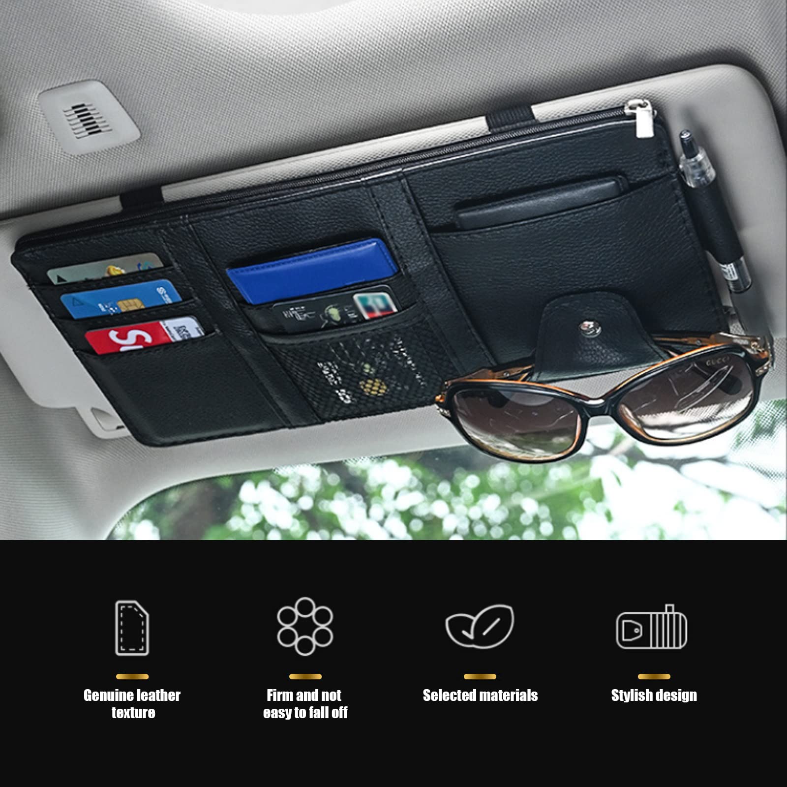Organisateur Pare-soleil Voiture En Cuir PU Noir - Porte-cartes, Rangement Pour Papiers, Lunettes