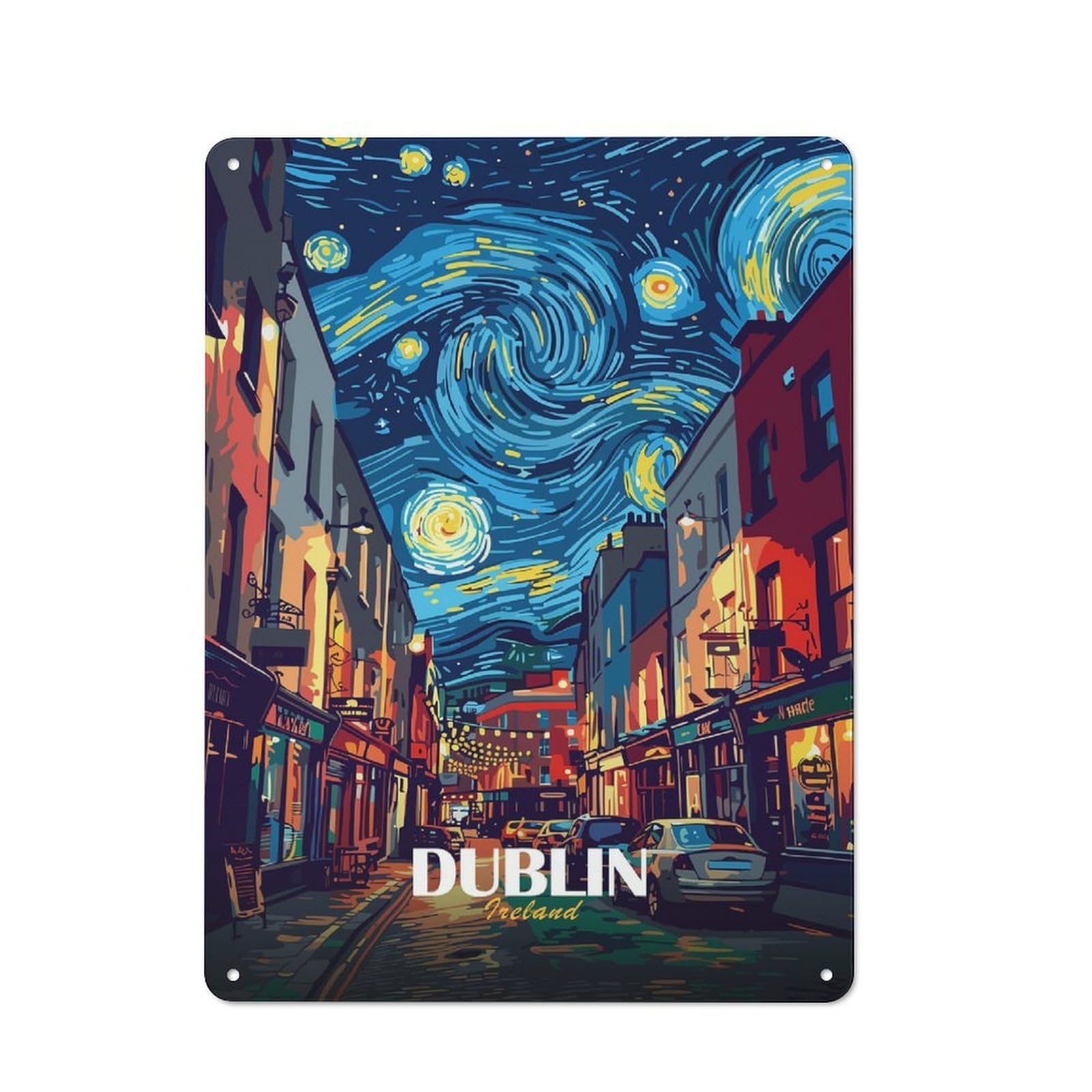 Metal Plaque with Dublin Starry Night Street Art Design 40x30cm, Rustic Cafe Wall Decor for Restaurant, Kitchen, Counter Or Breakfast Nook