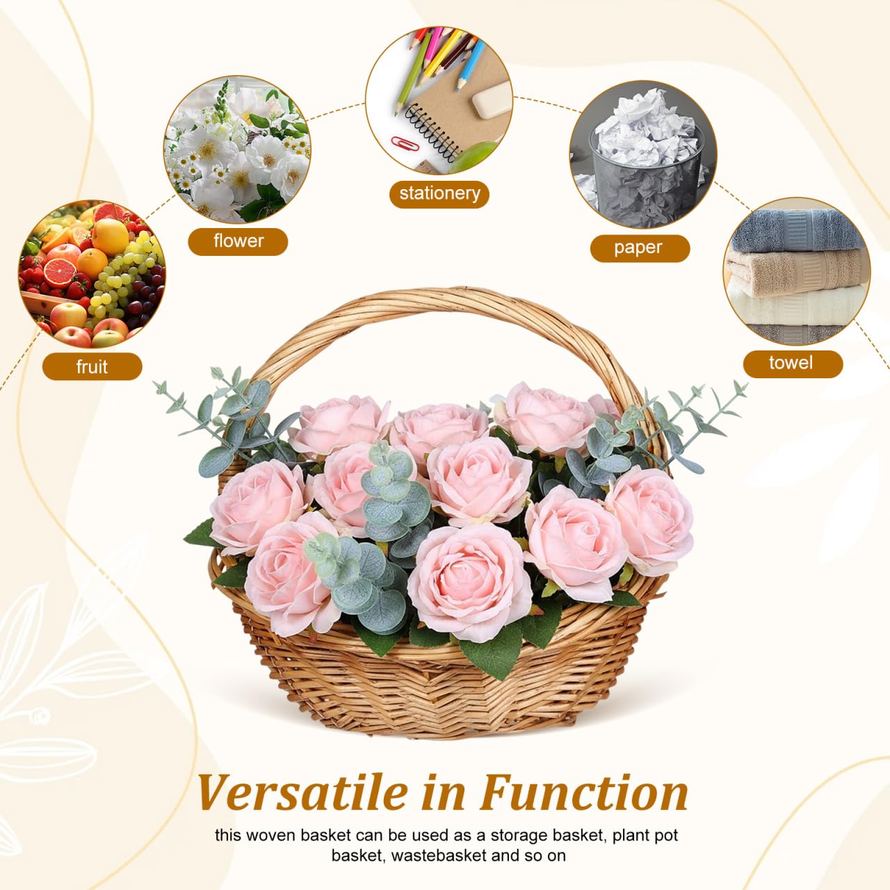 Toddmomy Cesto di fiori in rattan intrecciato a mano, cestino in paglia di salice, cestino per frutta, verdura, pane, picnic, matrimoni, fiori, ragazze, cestini con manico, per decorazioni rustiche
