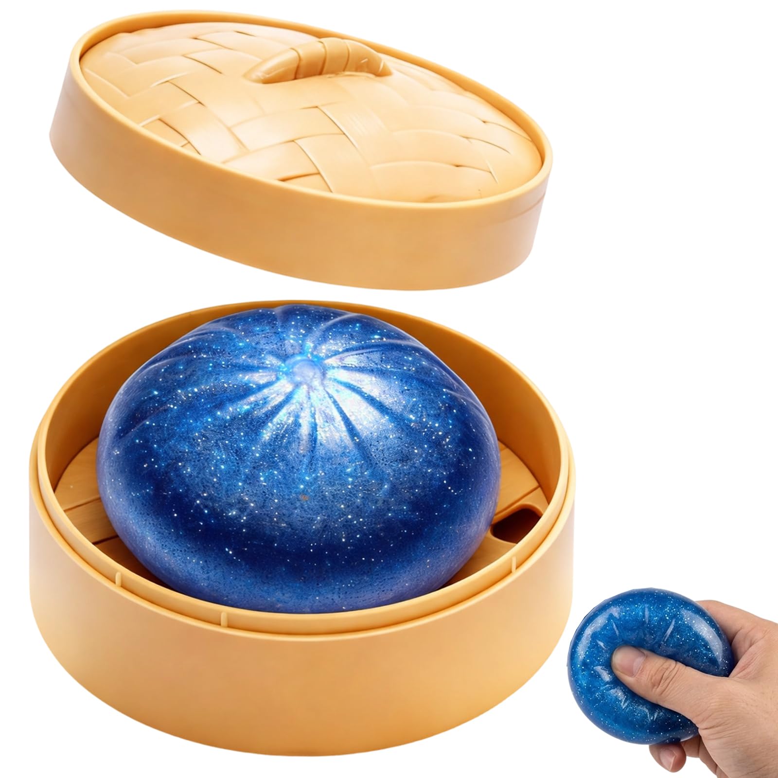 1 PCS Dumpling Squishy, Squishy Dumpling Tool, Blue Starry Sky Pattern with Facial Expression and Steamer Basket for Sensory Engagement and Display