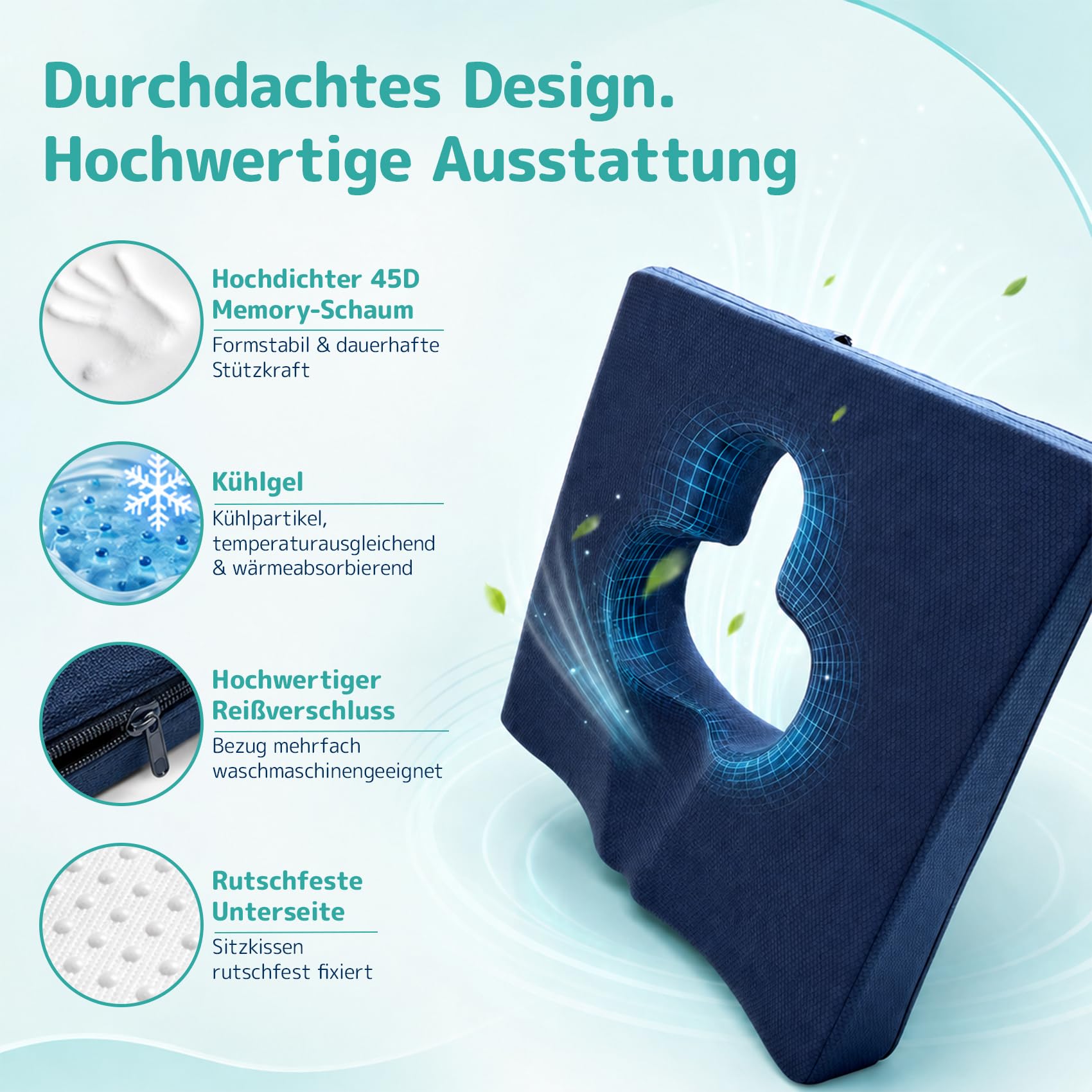 Hämorrhoiden Sitzkissen mit Kühlgel,orthopädisches Steißbeinkissen Anti-Dekubitus,45D Memory Foam gegen Bandscheibenvorfall